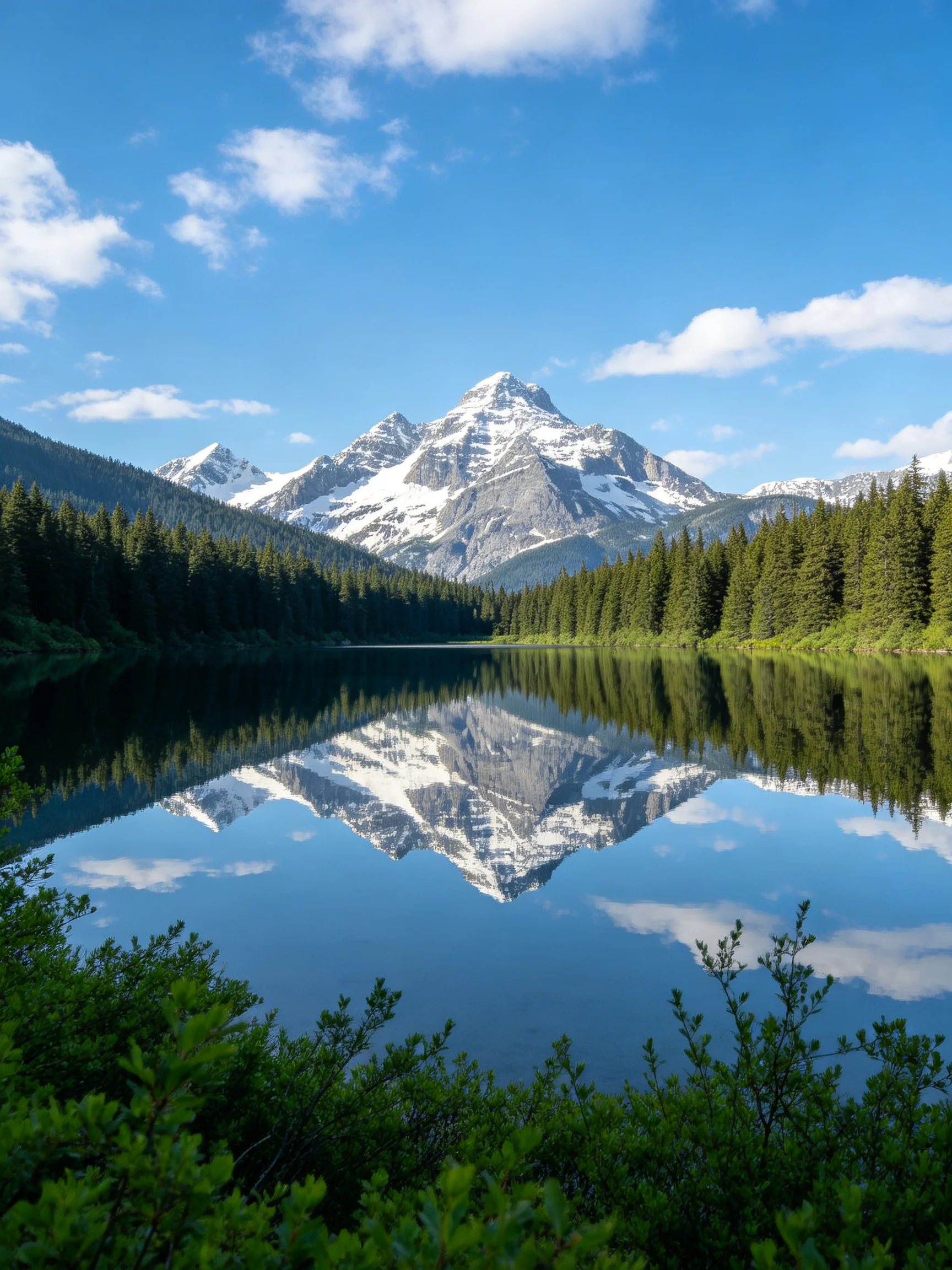 Snow-capped mountain reflected in tranquil forest lake