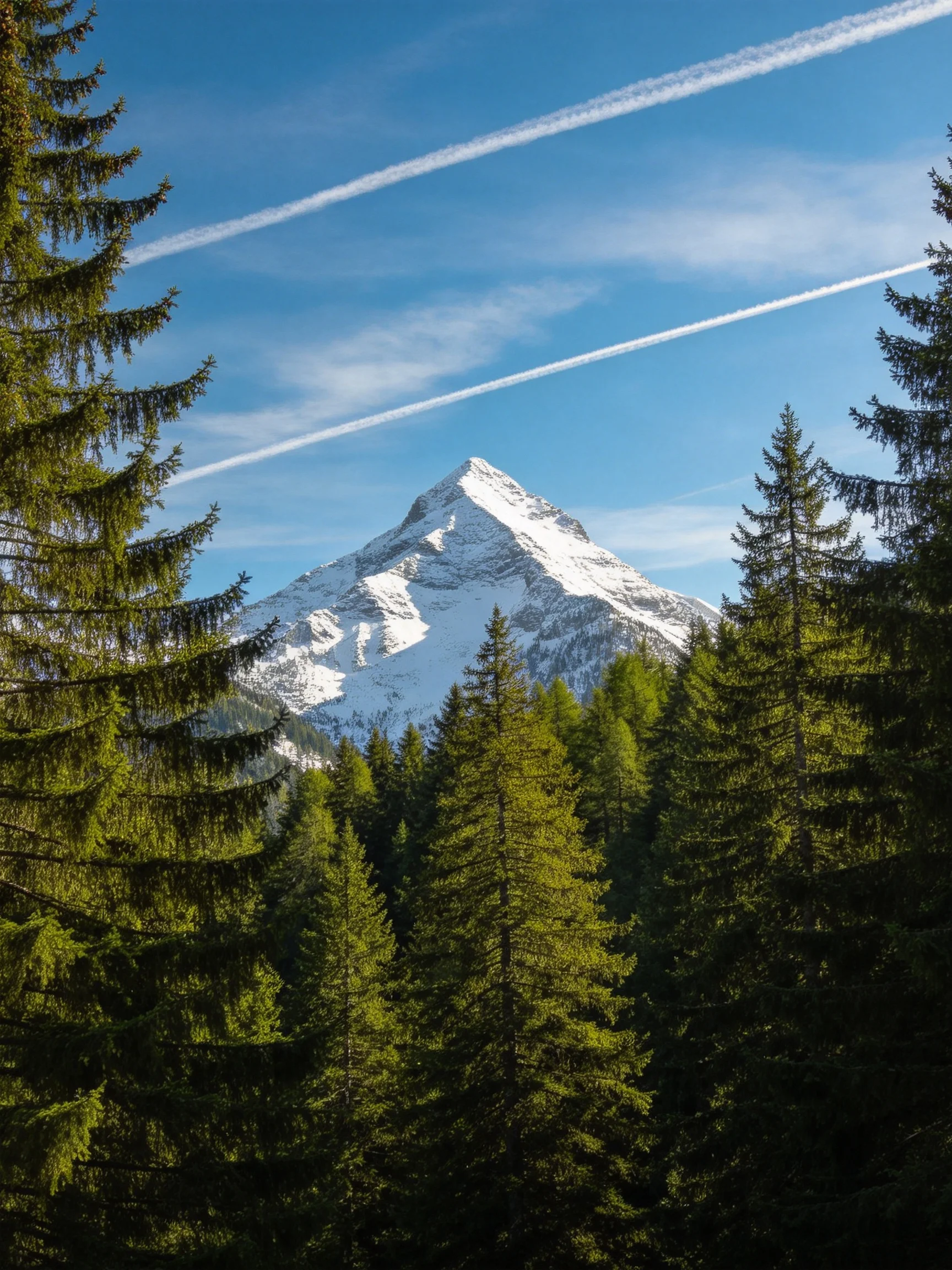 Snow-capped mountain rises amid dense evergreen forests under bright blue sky