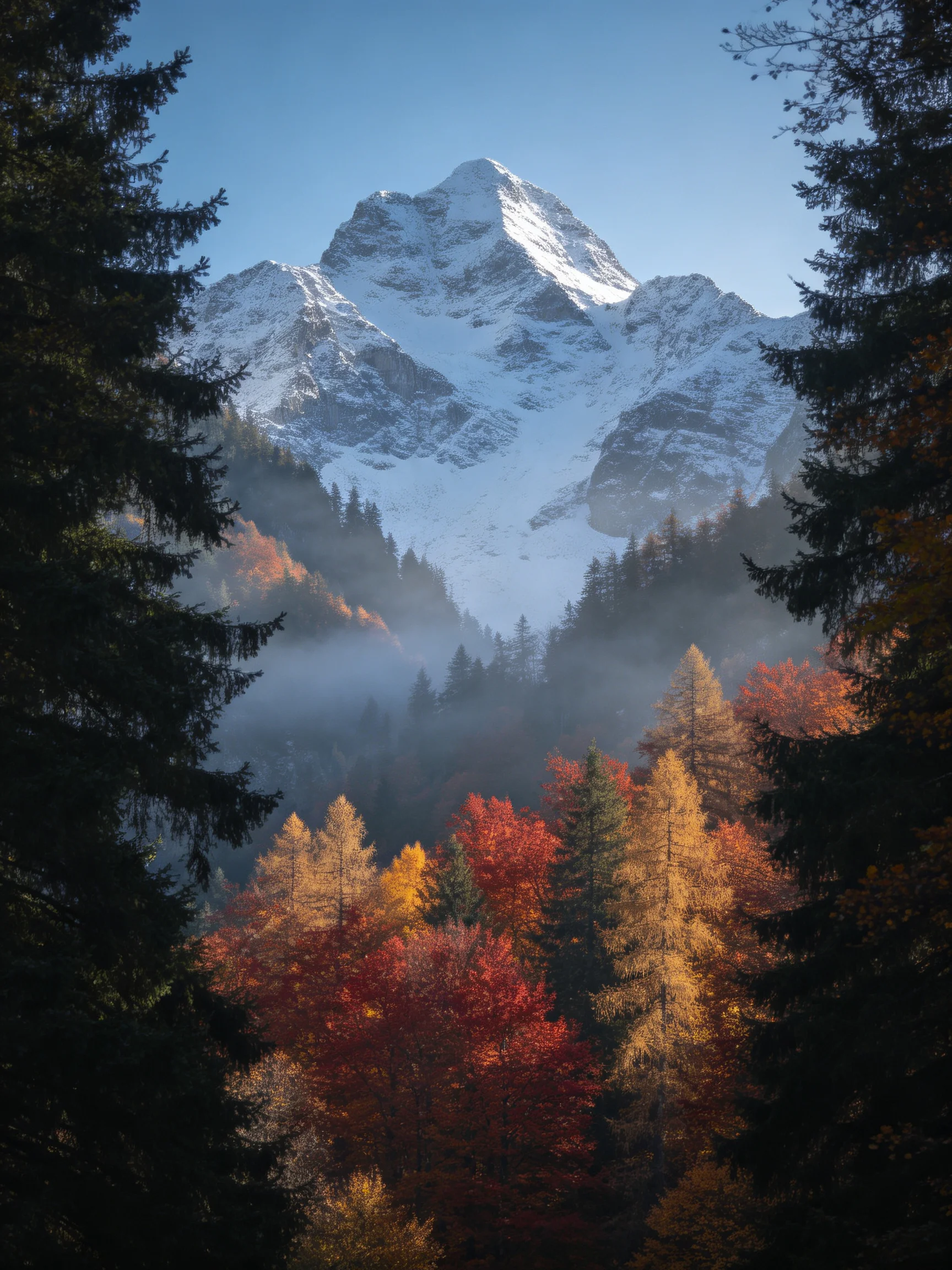 Snow-capped mountain rises behind vibrant autumn forest with morning mist
