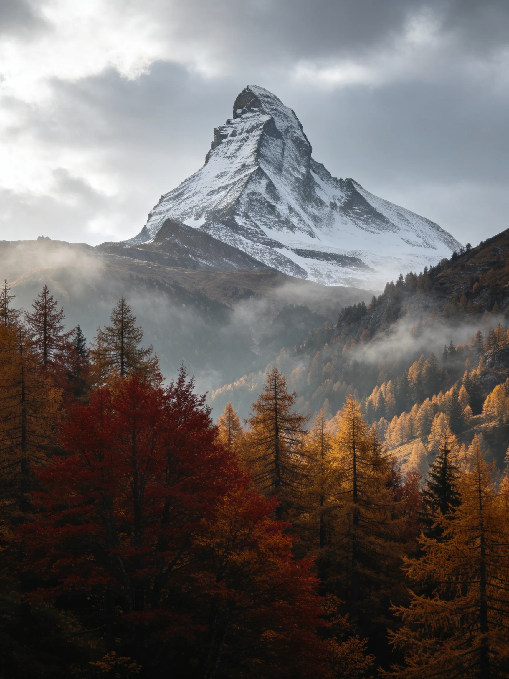 Snow-capped mountain towers over vibrant autumn forests with mist