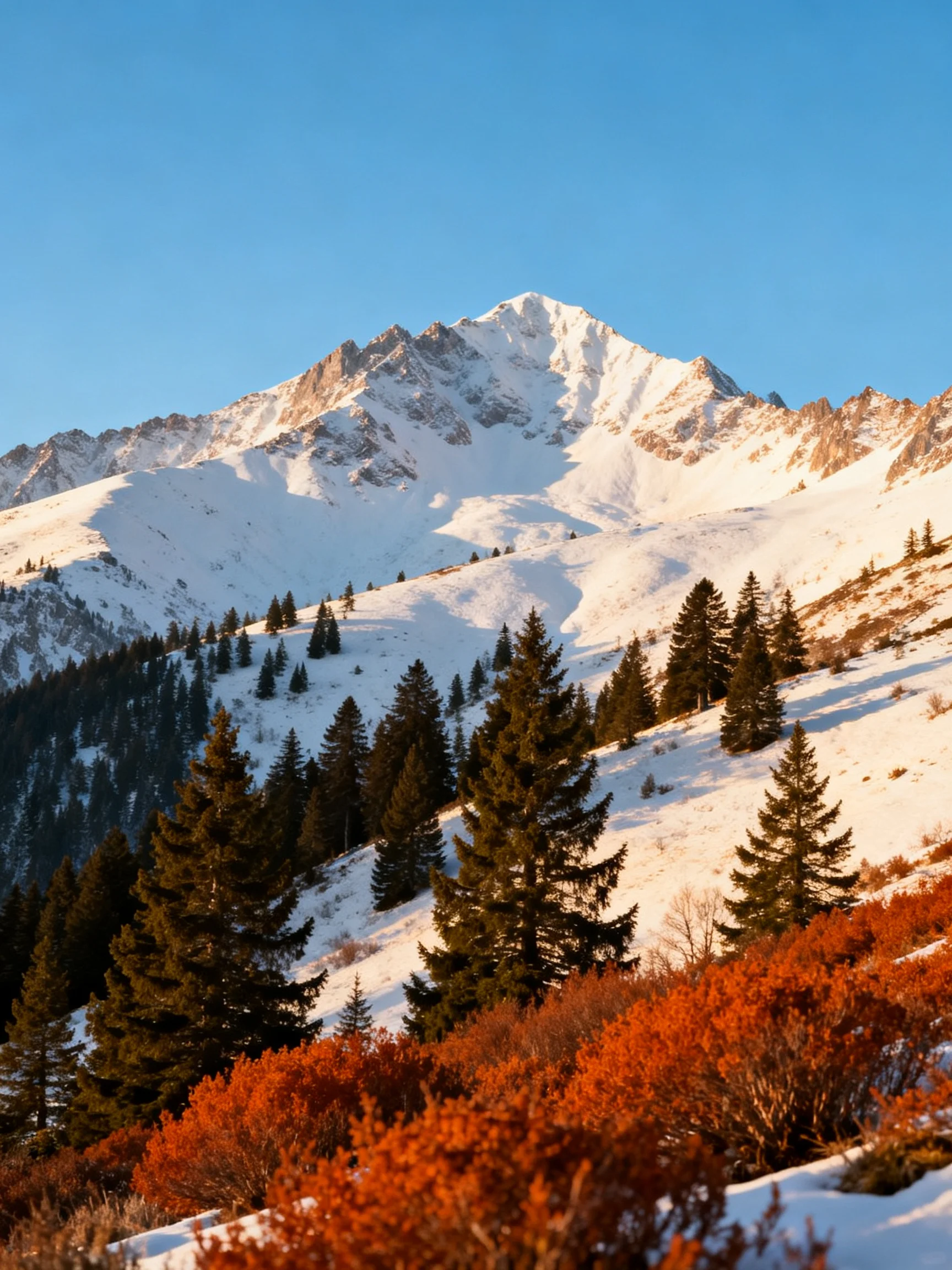 Snow-capped mountain with evergreen trees and autumn-colored shrubs