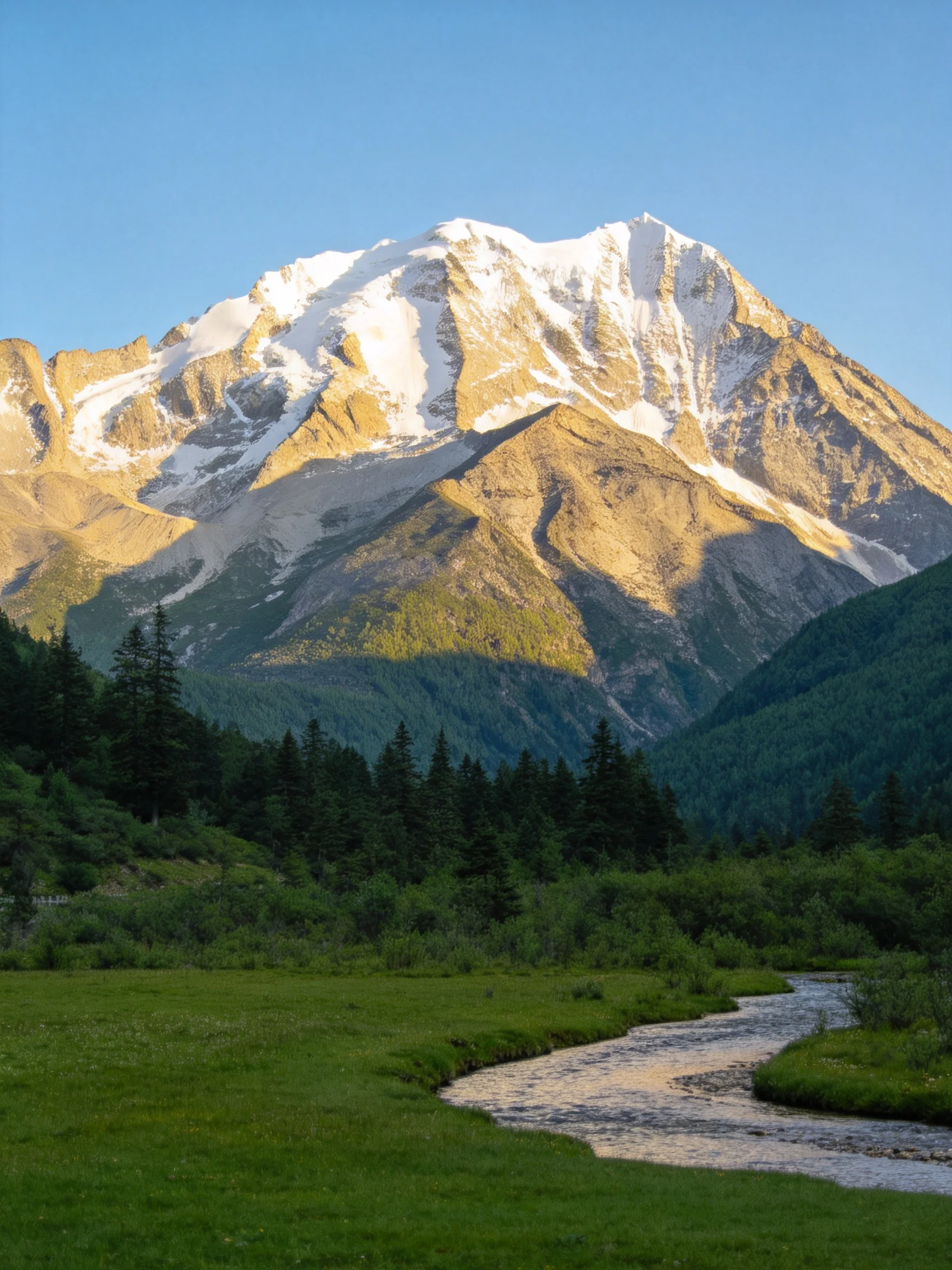 Snow-capped mountain with lush meadow and winding stream