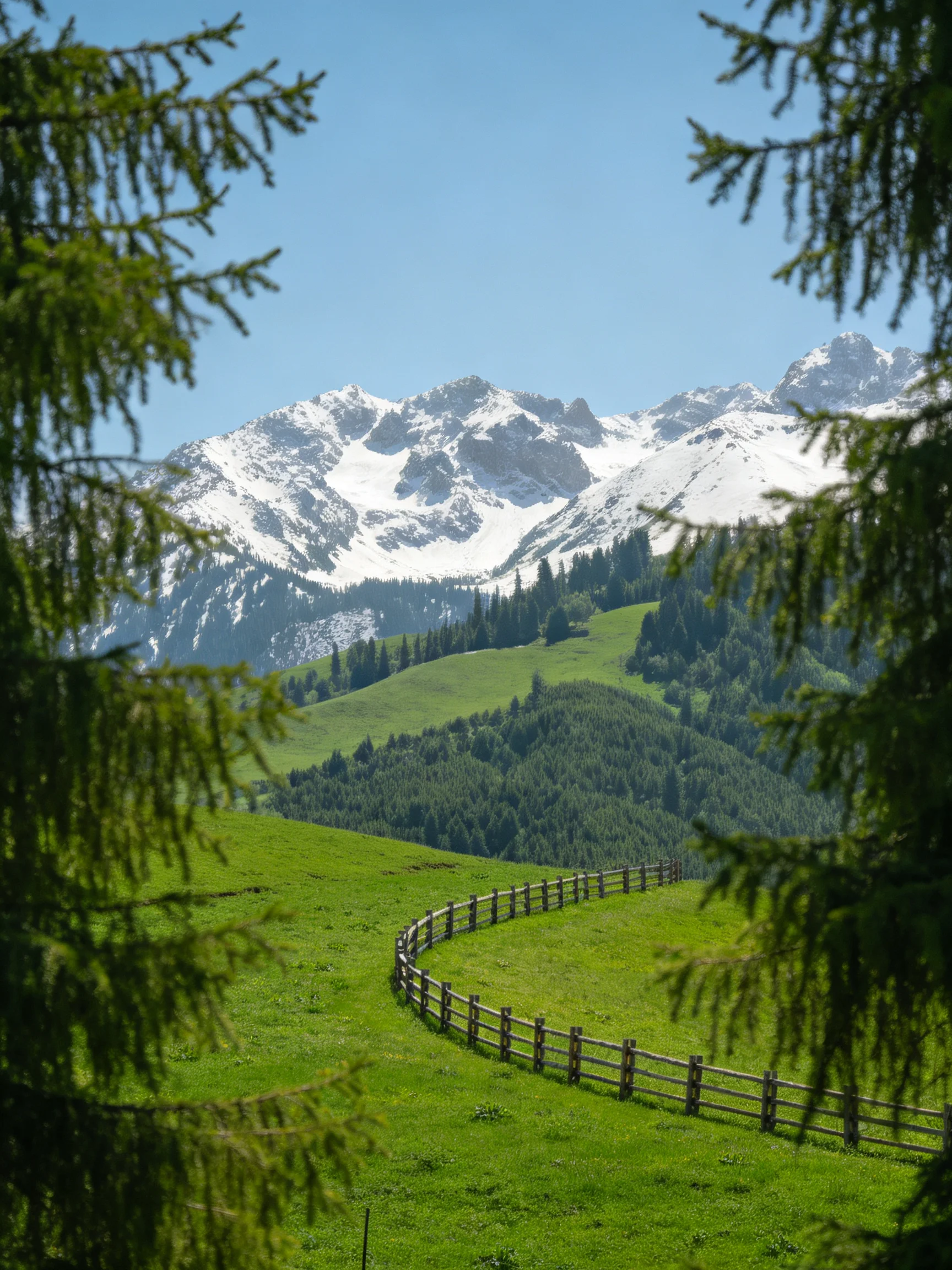 Snow-capped mountains behind lush green meadows with winding wooden fences