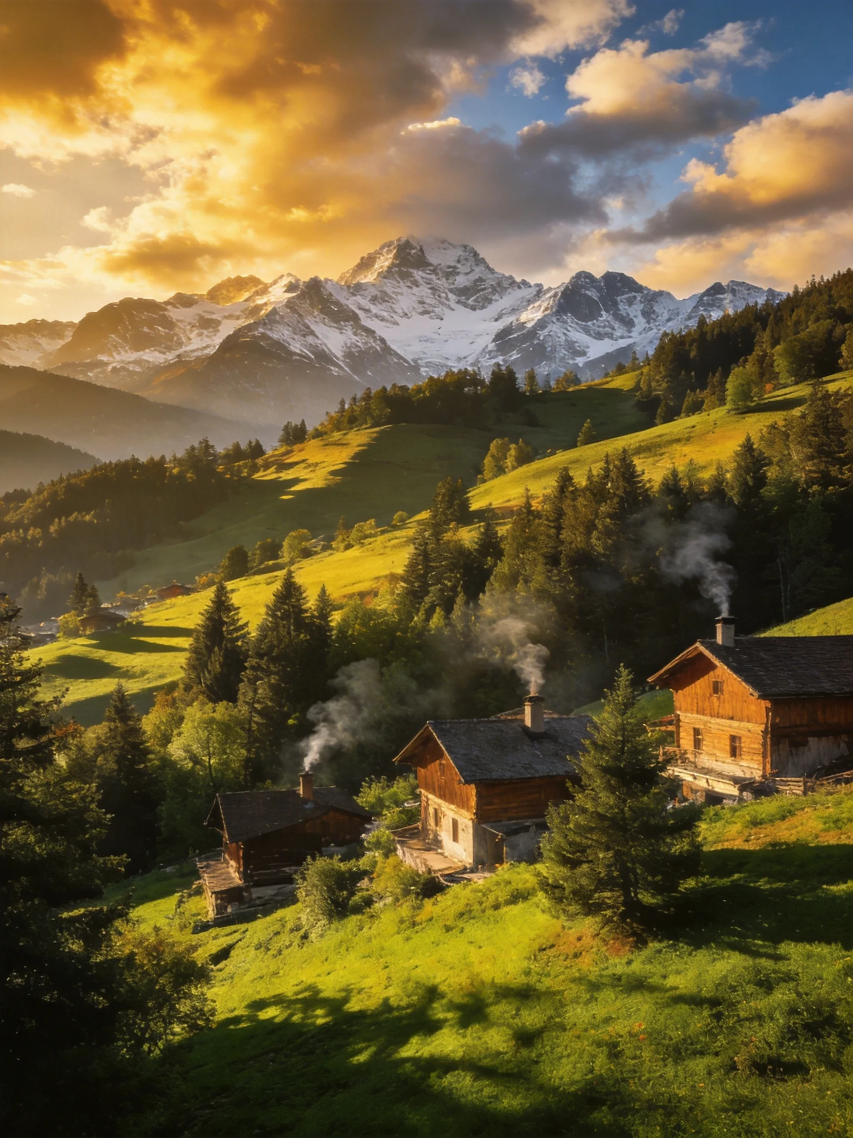 Snow-capped mountains behind rustic cabins on lush green hills