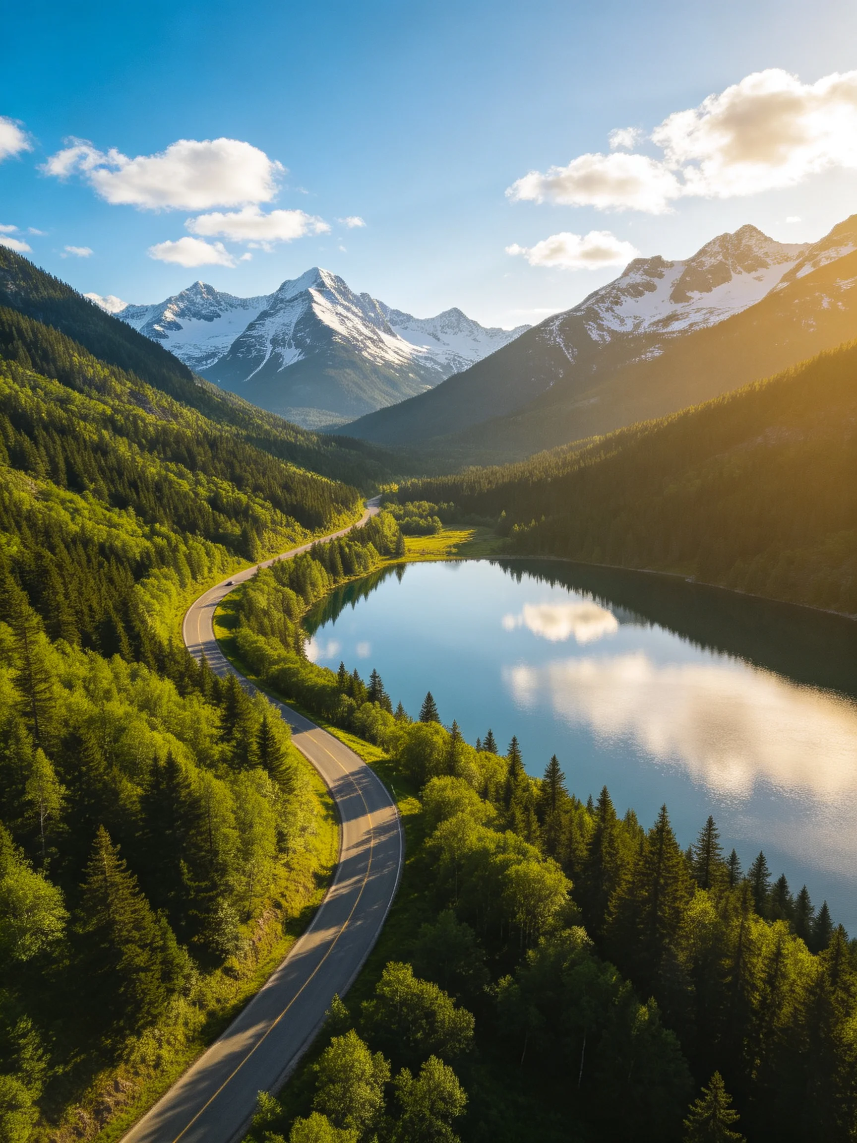 Snow-capped mountains frame a serene lake with winding road and lush forests.