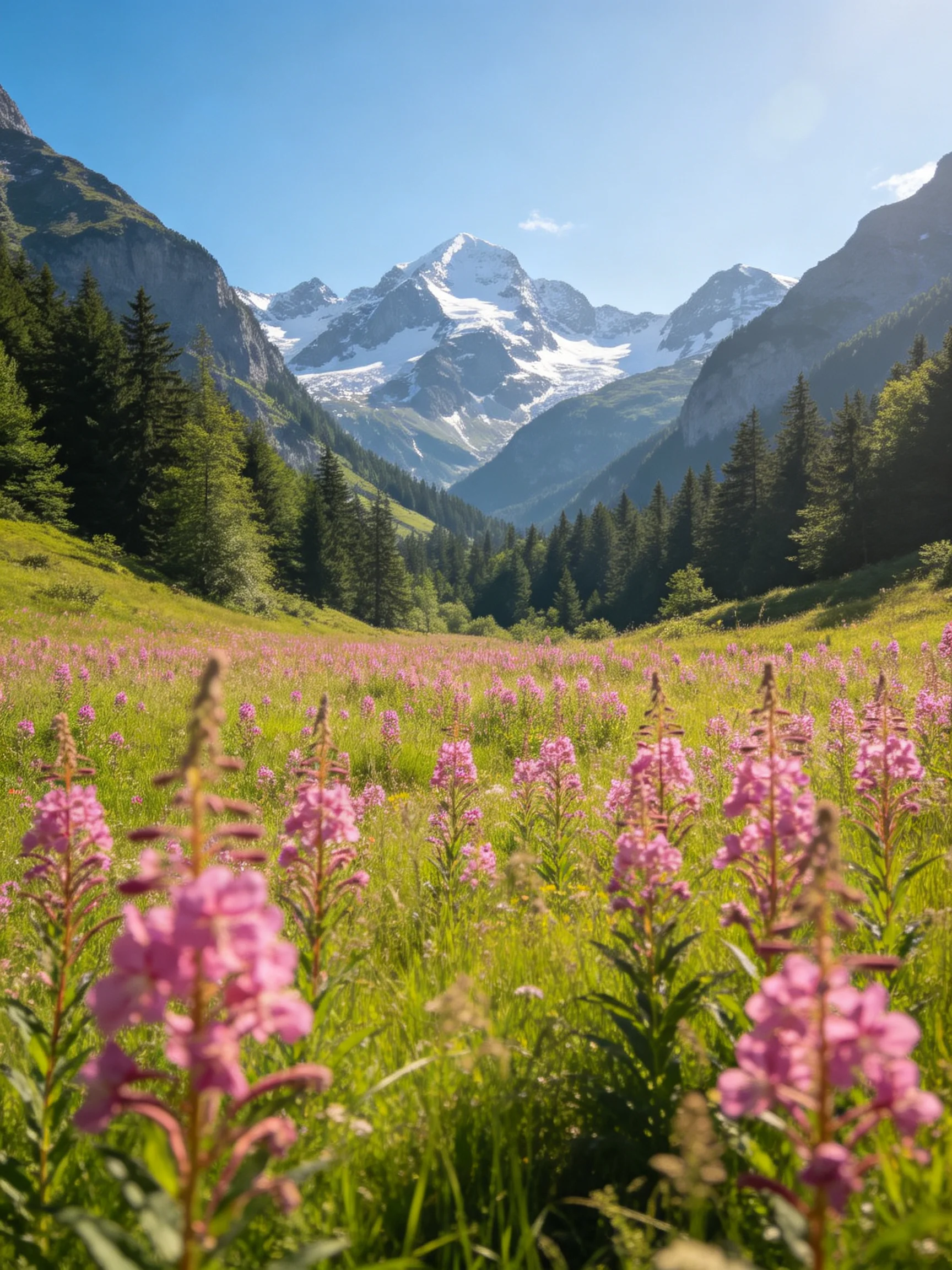 Snow-capped mountains frame a vibrant pink flower-filled valley