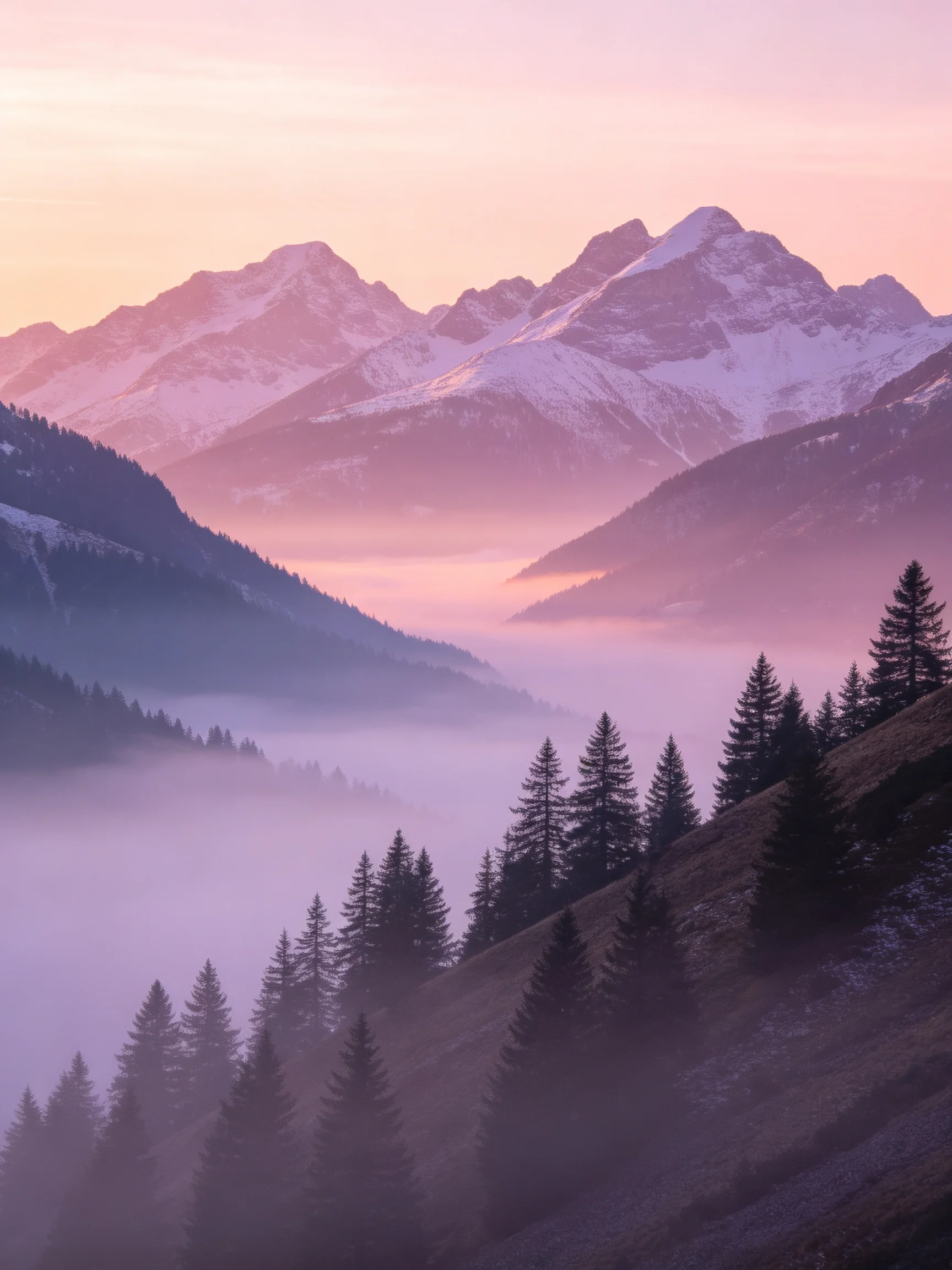 Snow-capped mountains illuminated by pink-purple dawn light, evergreen forests, and misty valleys