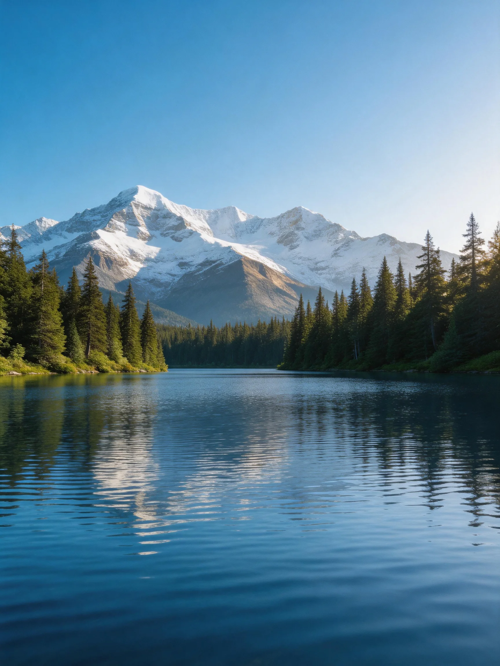 Snow-capped mountains overlook a reflective lake with dense evergreen forests