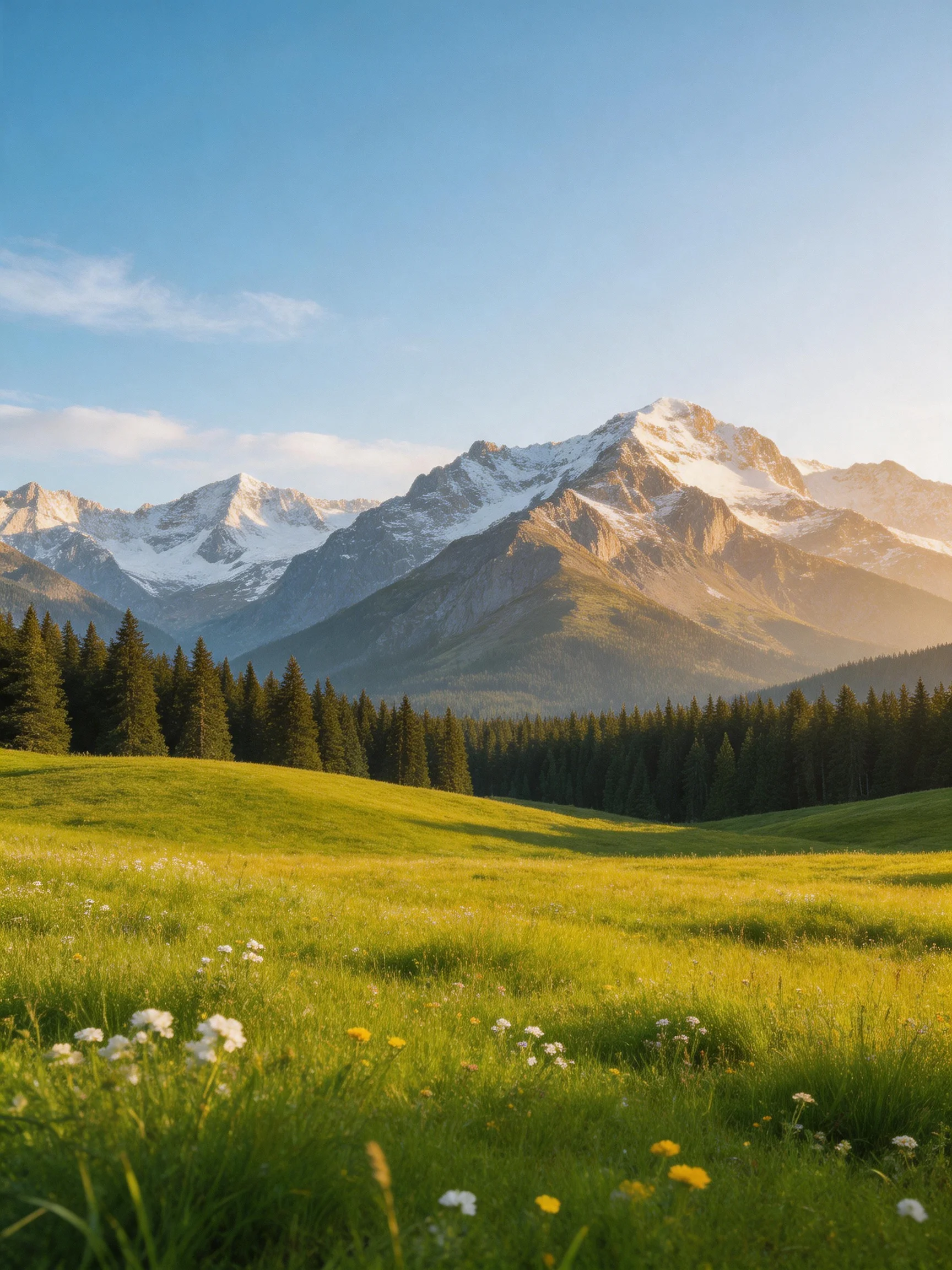 Snow-capped mountains overlook a verdant meadow with wildflowers