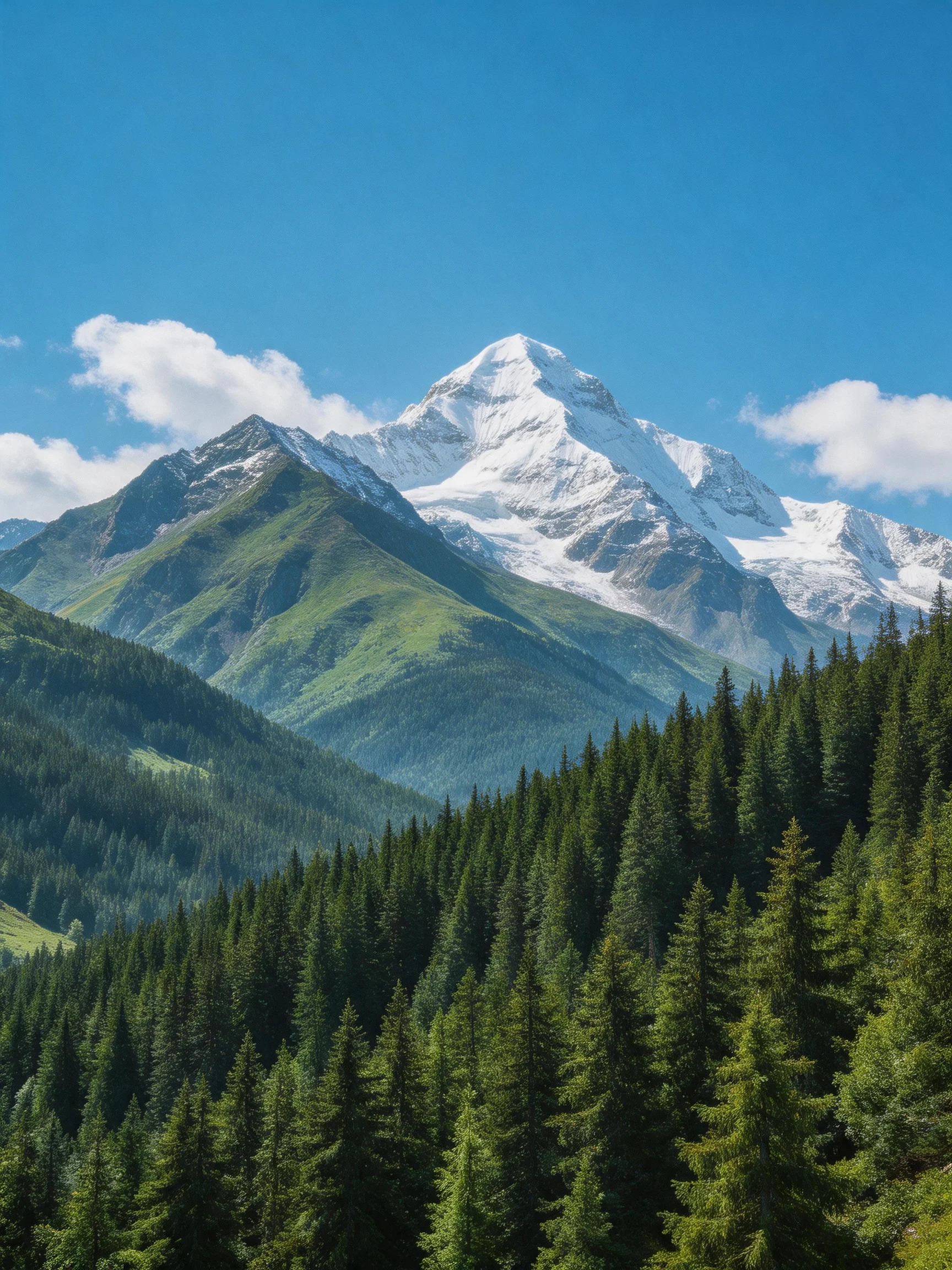 Snow-capped mountains overlook lush forests under a bright blue sky.