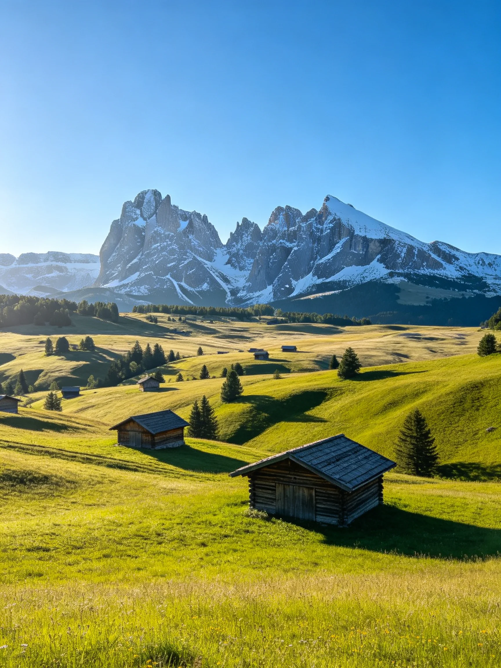 Snow-capped mountains overlook lush green meadows with wooden cabins
