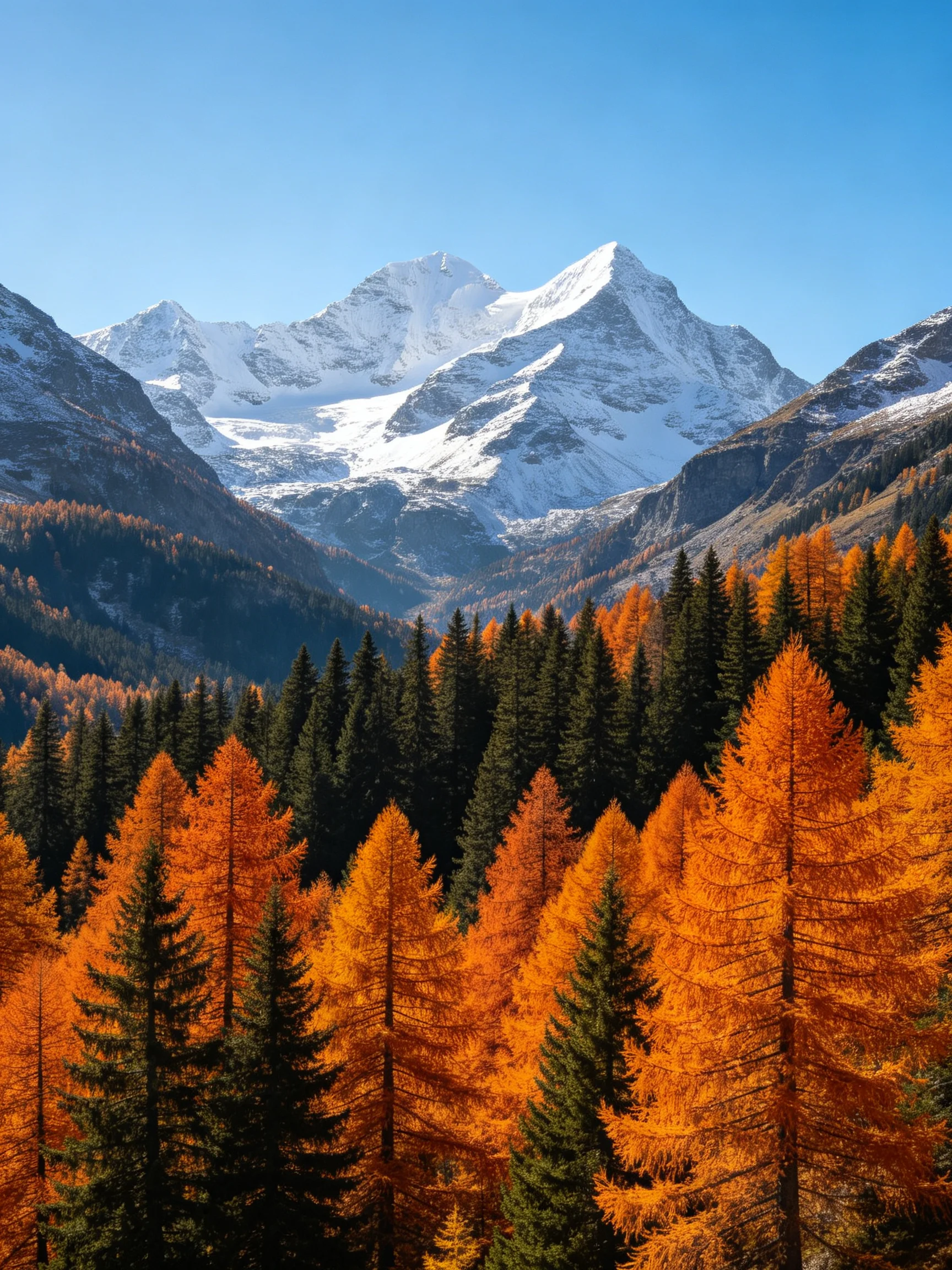 Snow-capped mountains overlook vibrant autumn forests of orange and green.