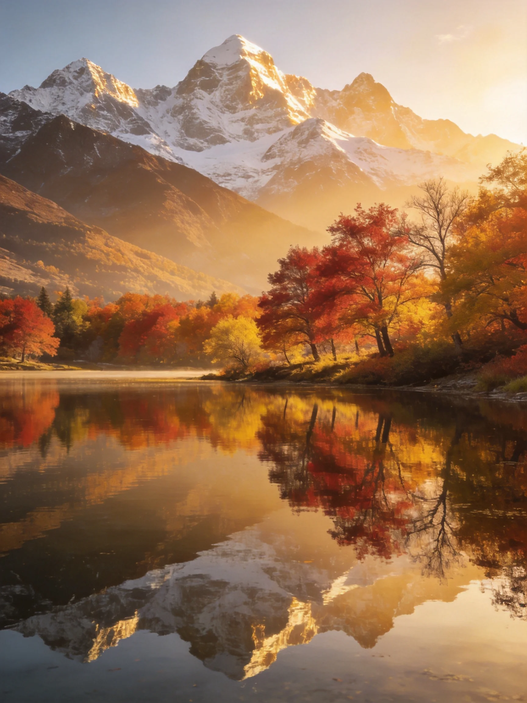 Snow-capped mountains reflect in a calm lake amid vibrant fall foliage