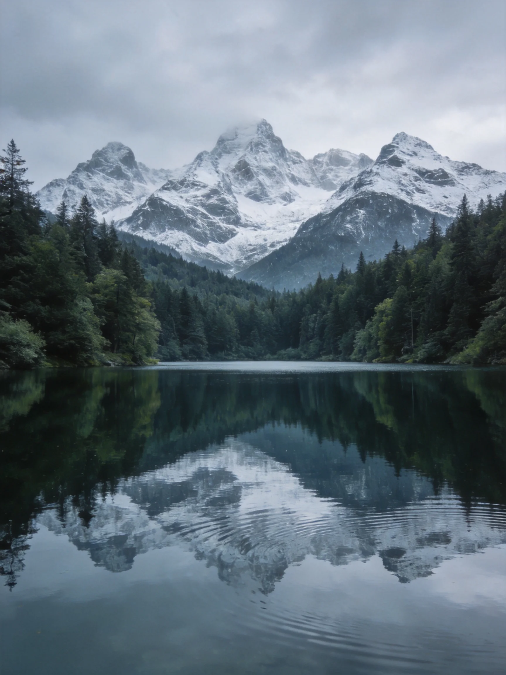 Snow-capped mountains reflect in a forested lake under gloomy skies