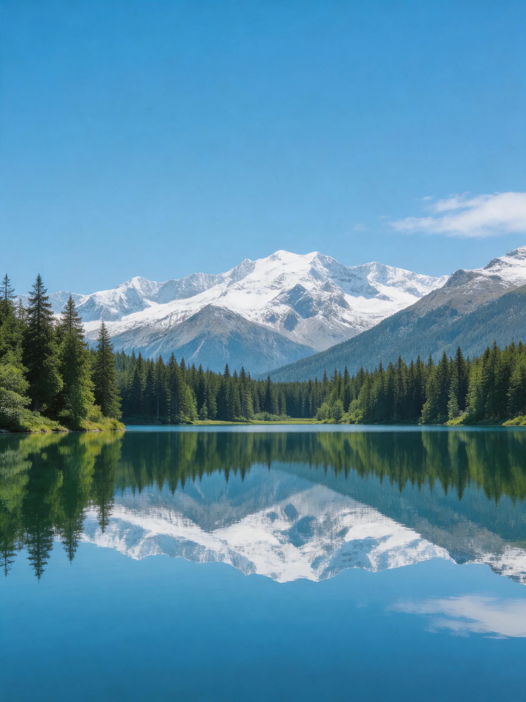 Snow-capped mountains reflect in a serene forest-fringed lake beneath clear blue sky