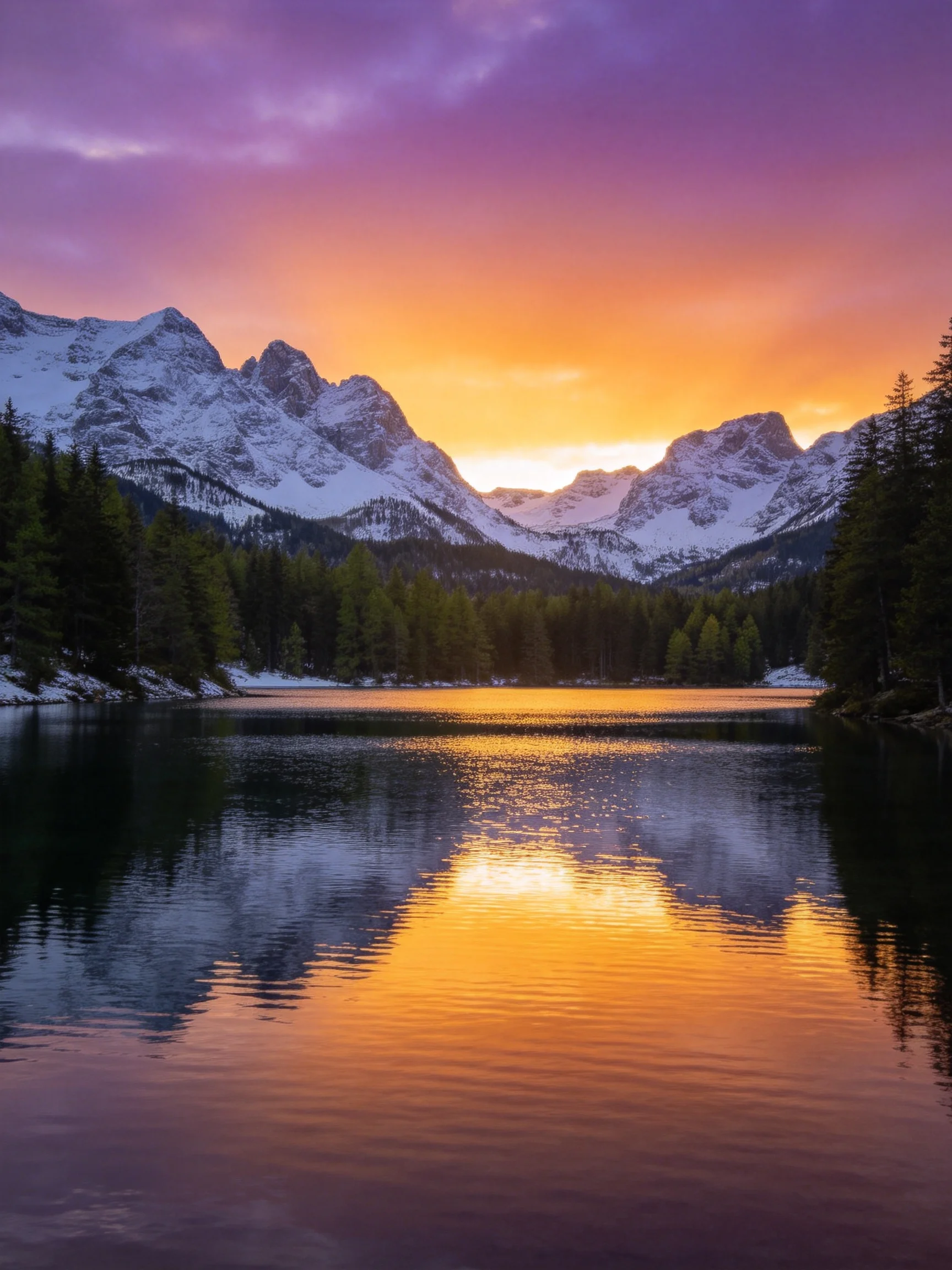 Snow-capped mountains reflect in a serene lake under vibrant sunset hues