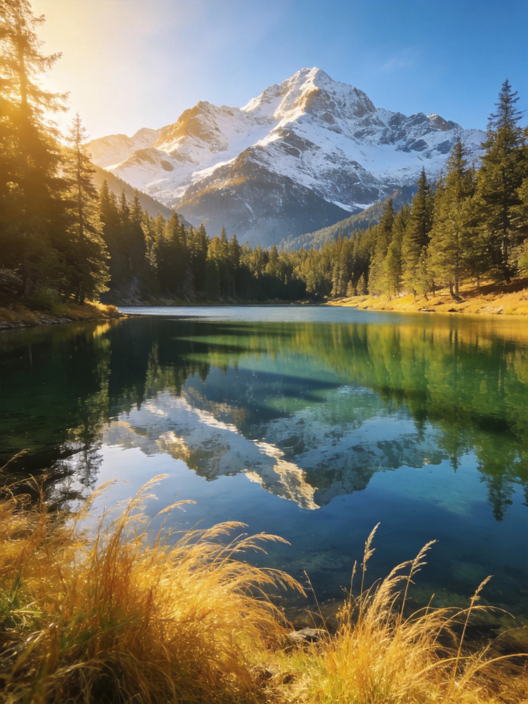 Snow-capped mountains reflect in a turquoise lake surrounded by golden forests.