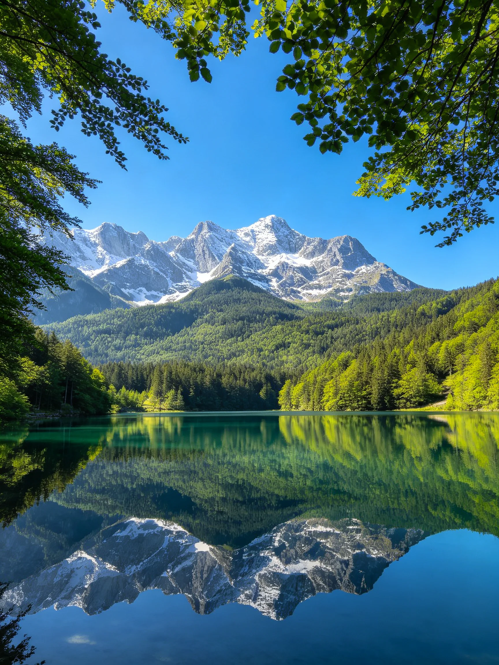 Snow-capped mountains reflect in a turquoise lake surrounded by lush forests