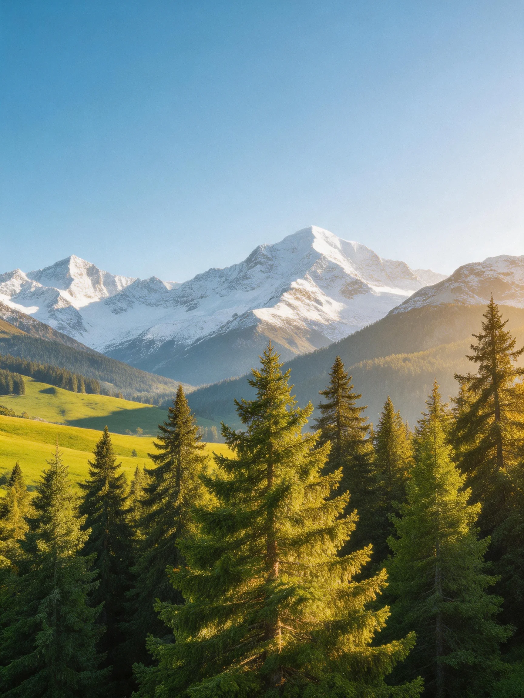 Snow-capped mountains rise behind lush green meadows and evergreen forests