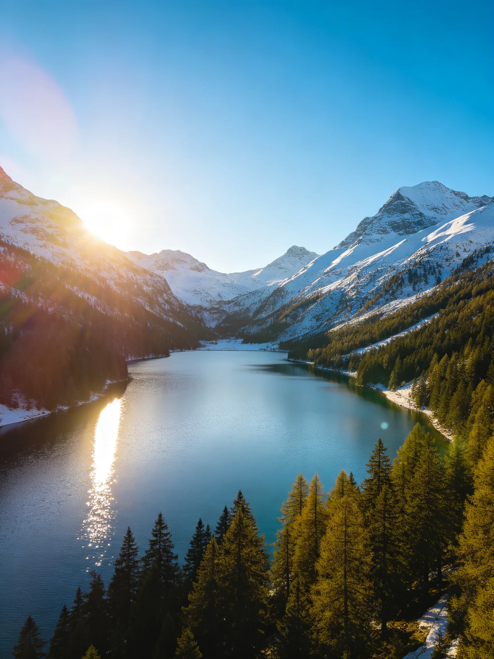 Snow-capped mountains surround a serene blue lake with golden forests
