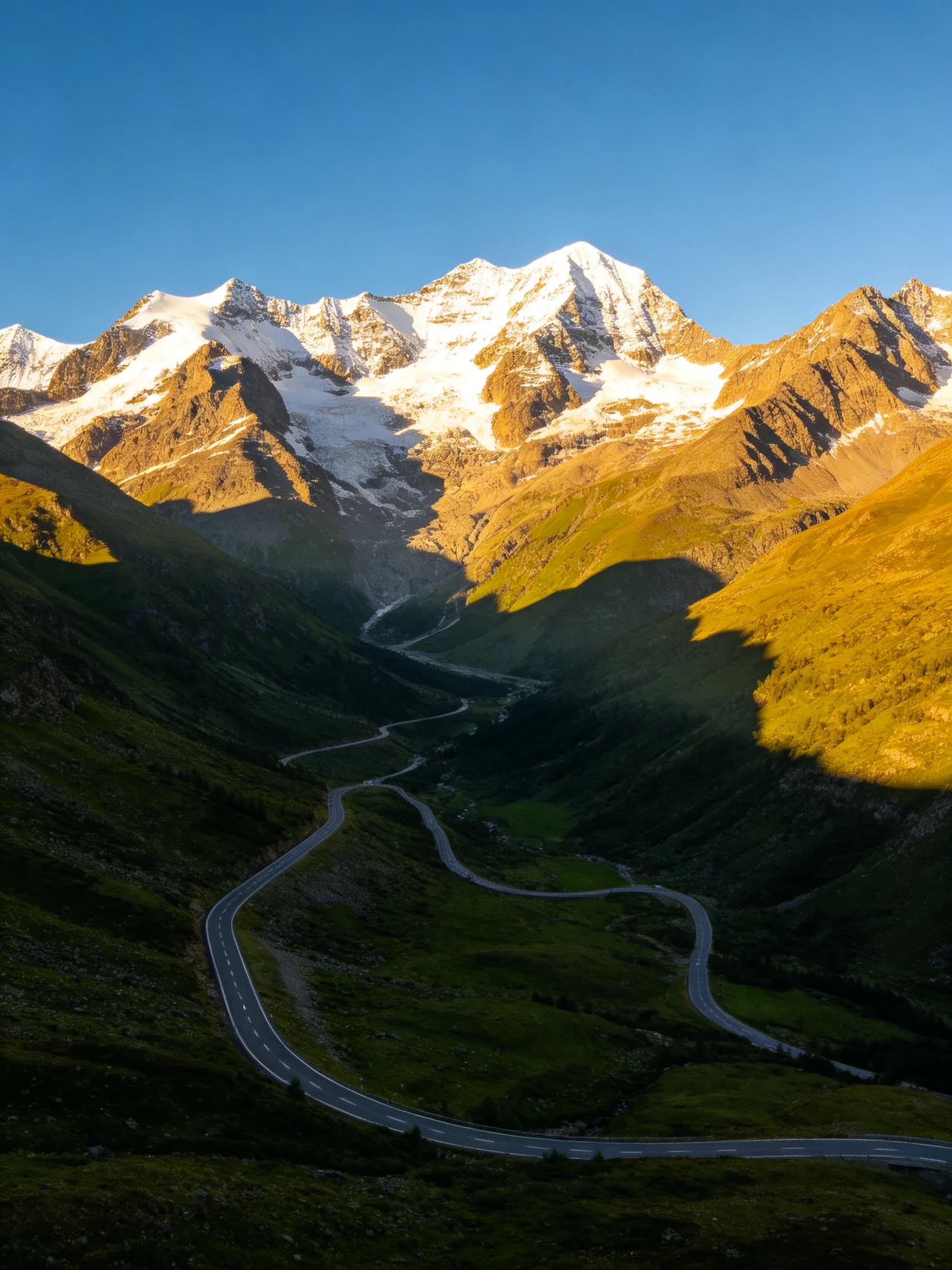 Snow-capped mountains tower over a winding mountain road with lush valleys
