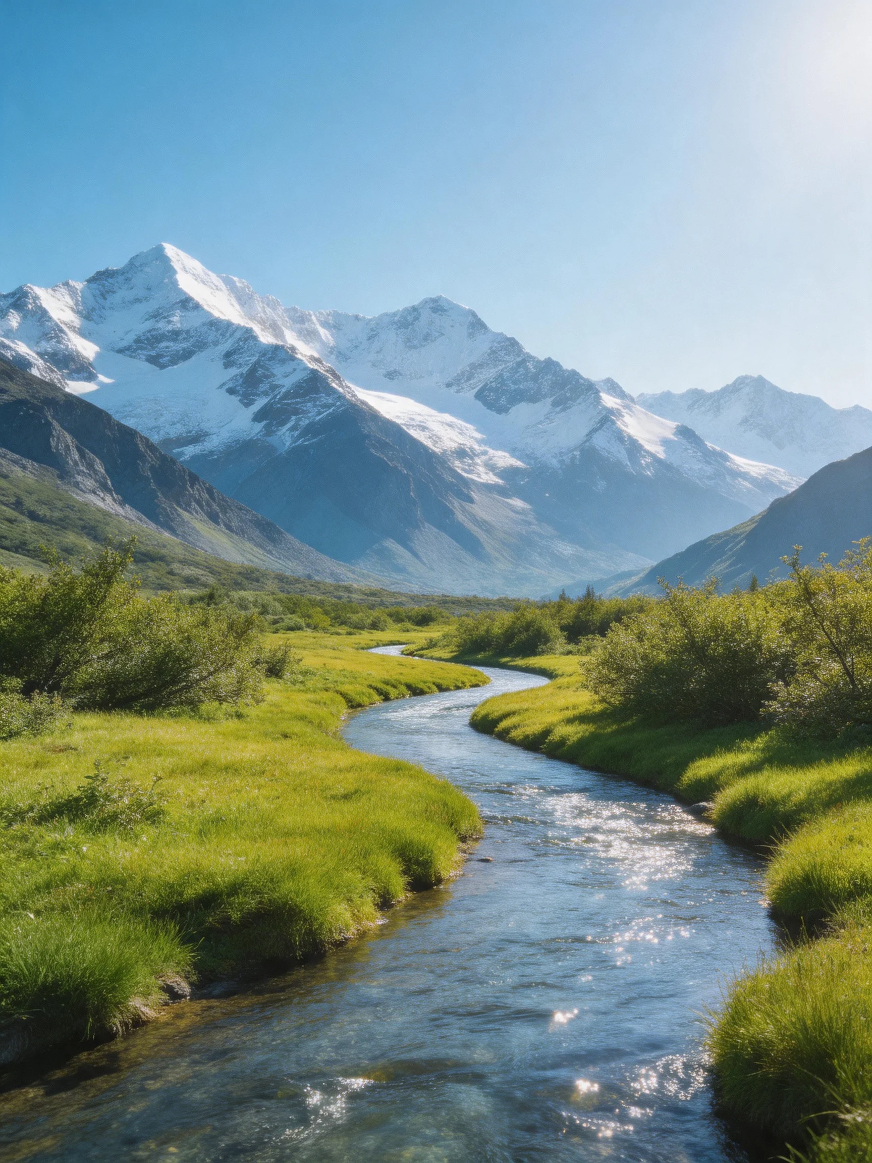 Snow-capped mountains tower over a winding stream through lush green valleys