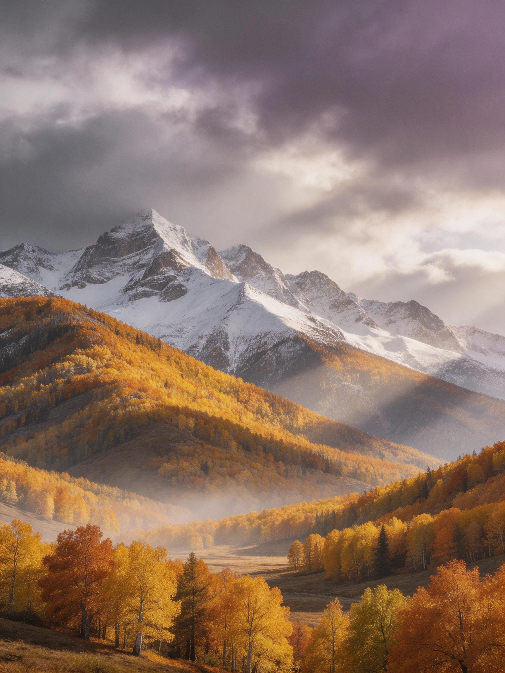 Snow-capped mountains tower over golden autumn forests under moody skies
