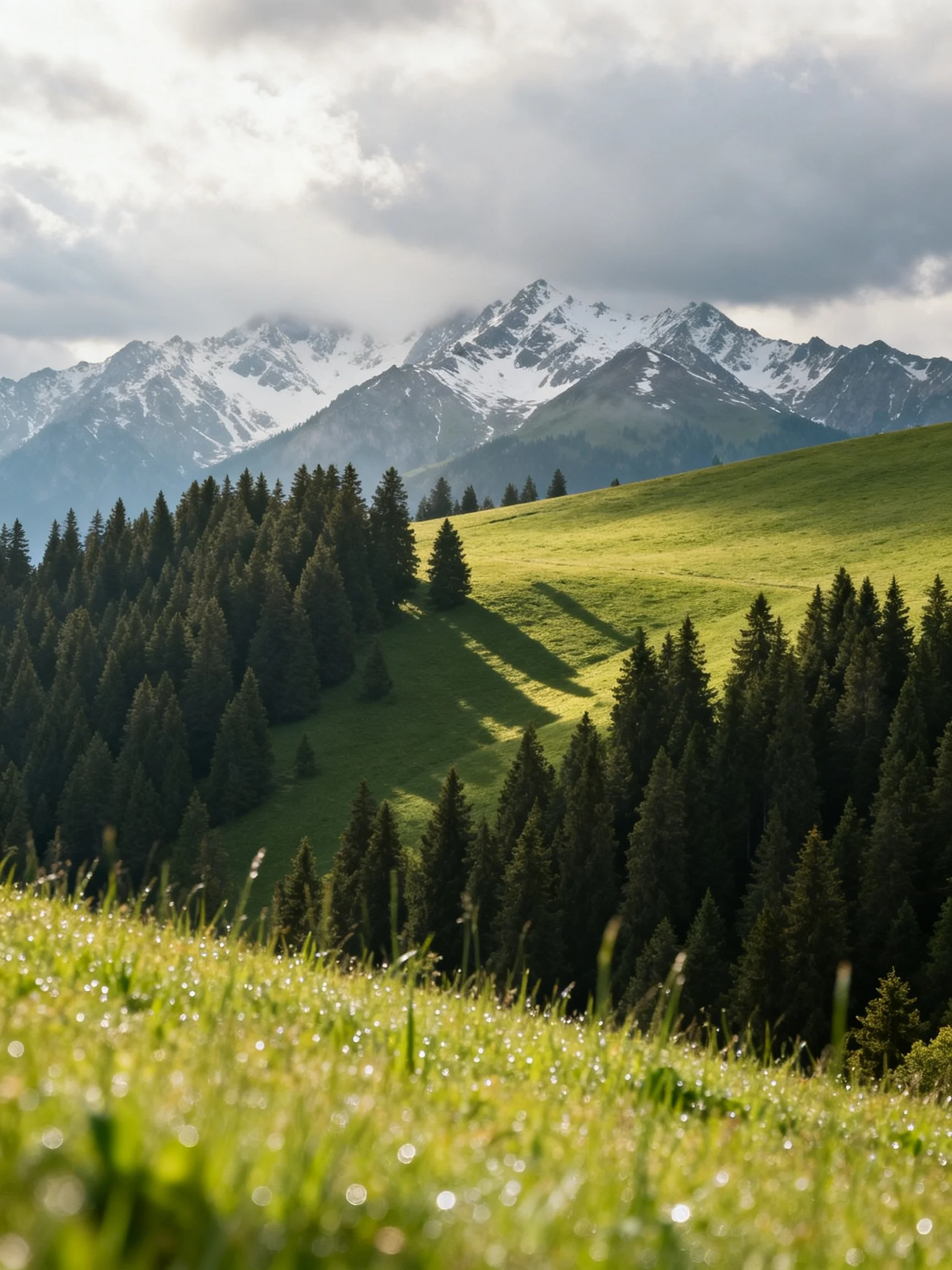 Snow-capped mountains tower over lush green meadows and dark evergreen forests