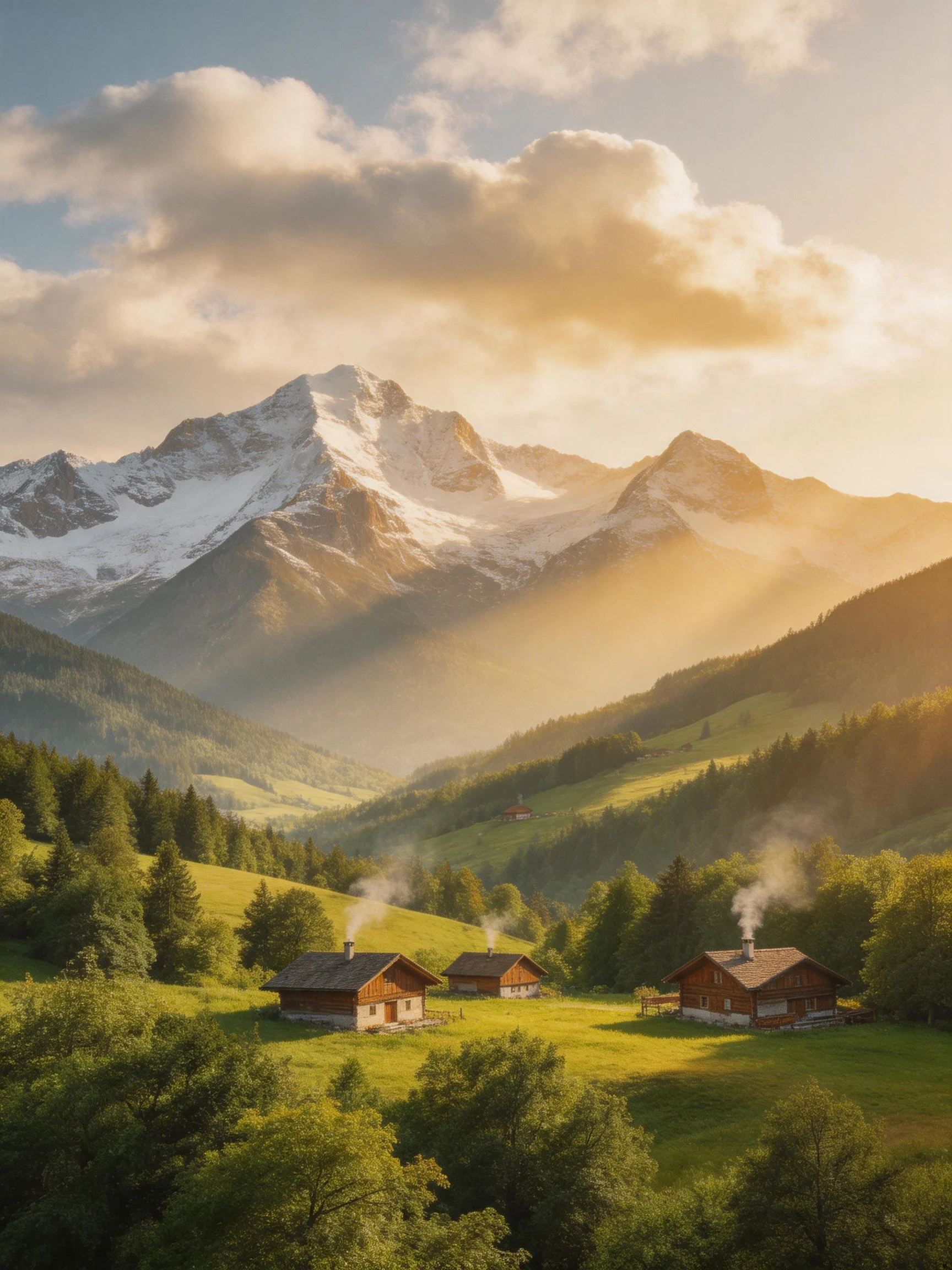 Snow-capped mountains tower over wooden cabins in a sunlit valley