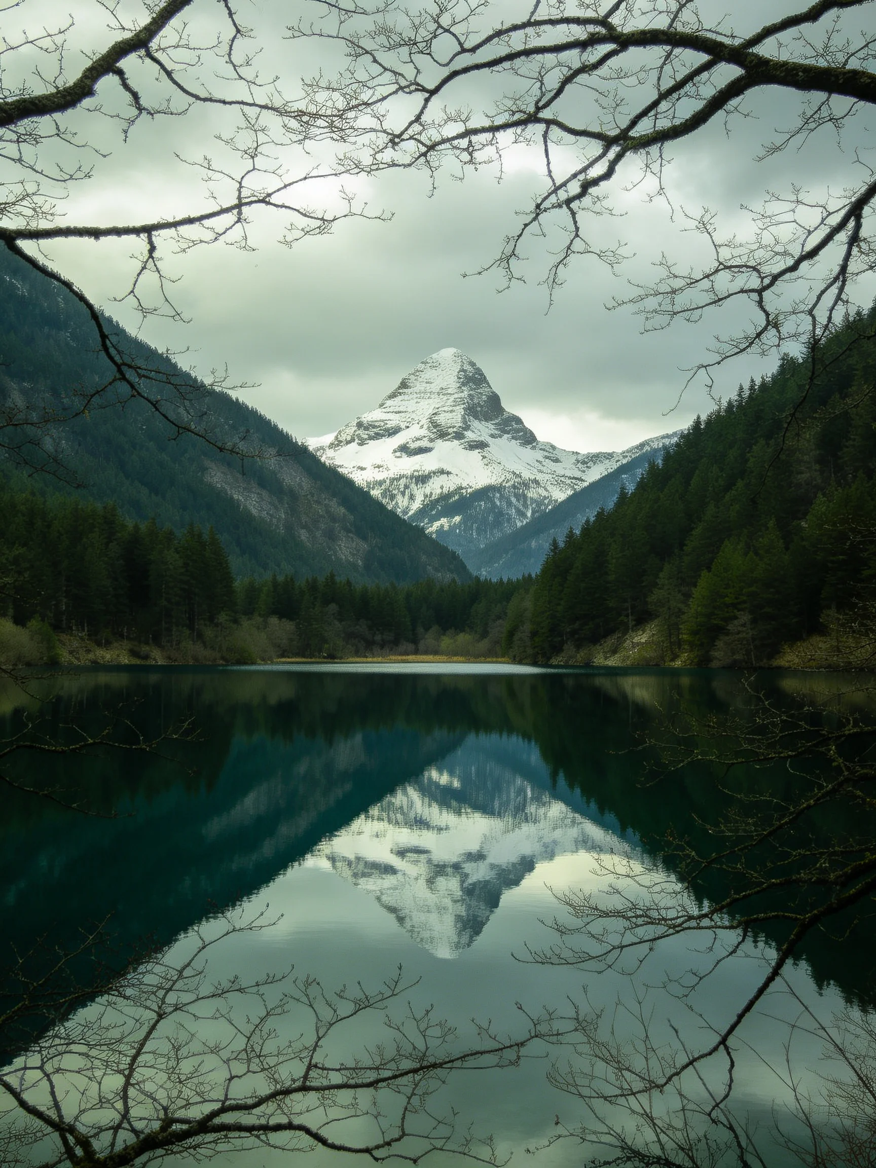 Snow-capped peak reflected in serene forest lake