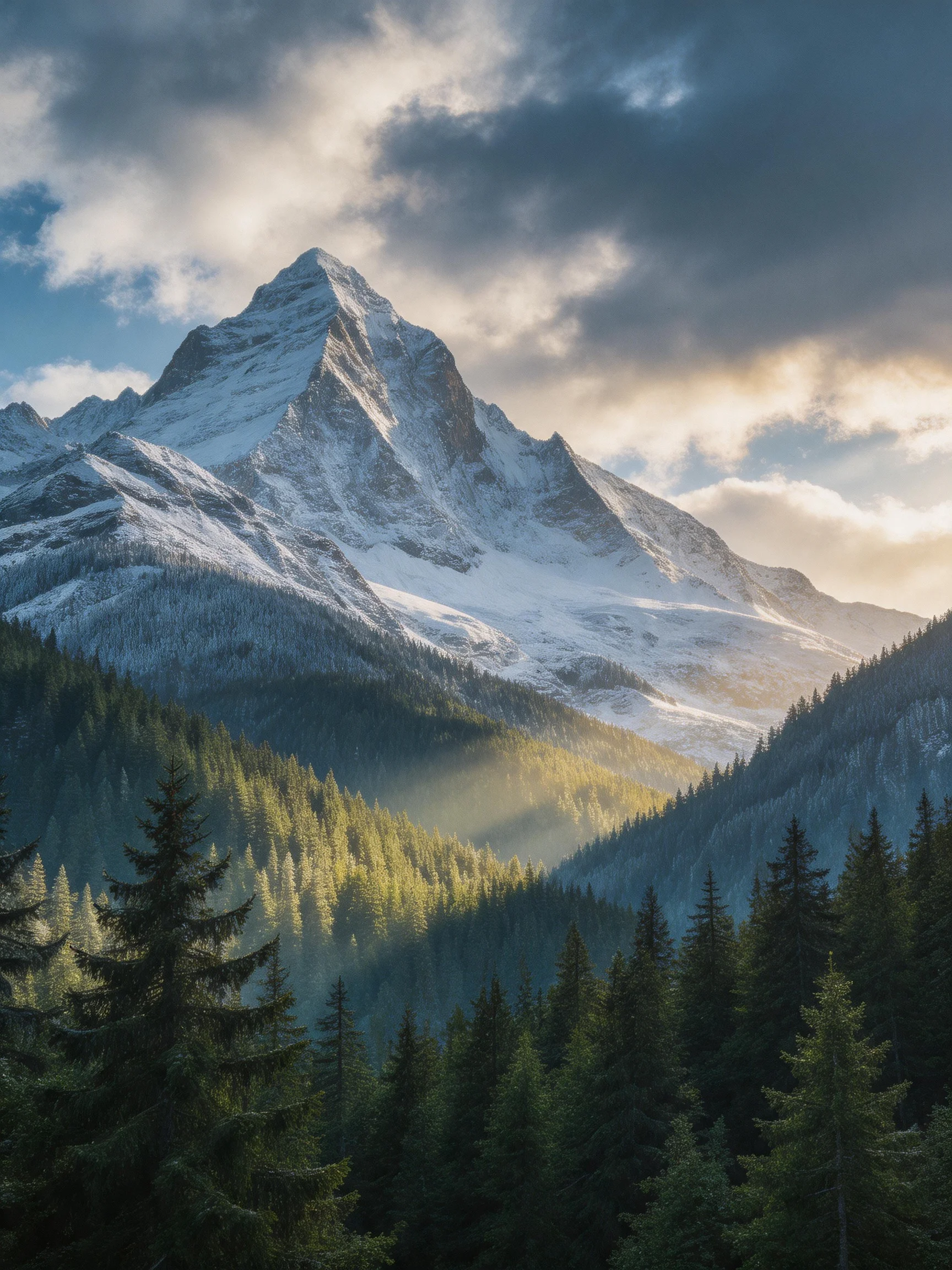 Snow-capped peak rises above dense evergreen forests under moody clouds