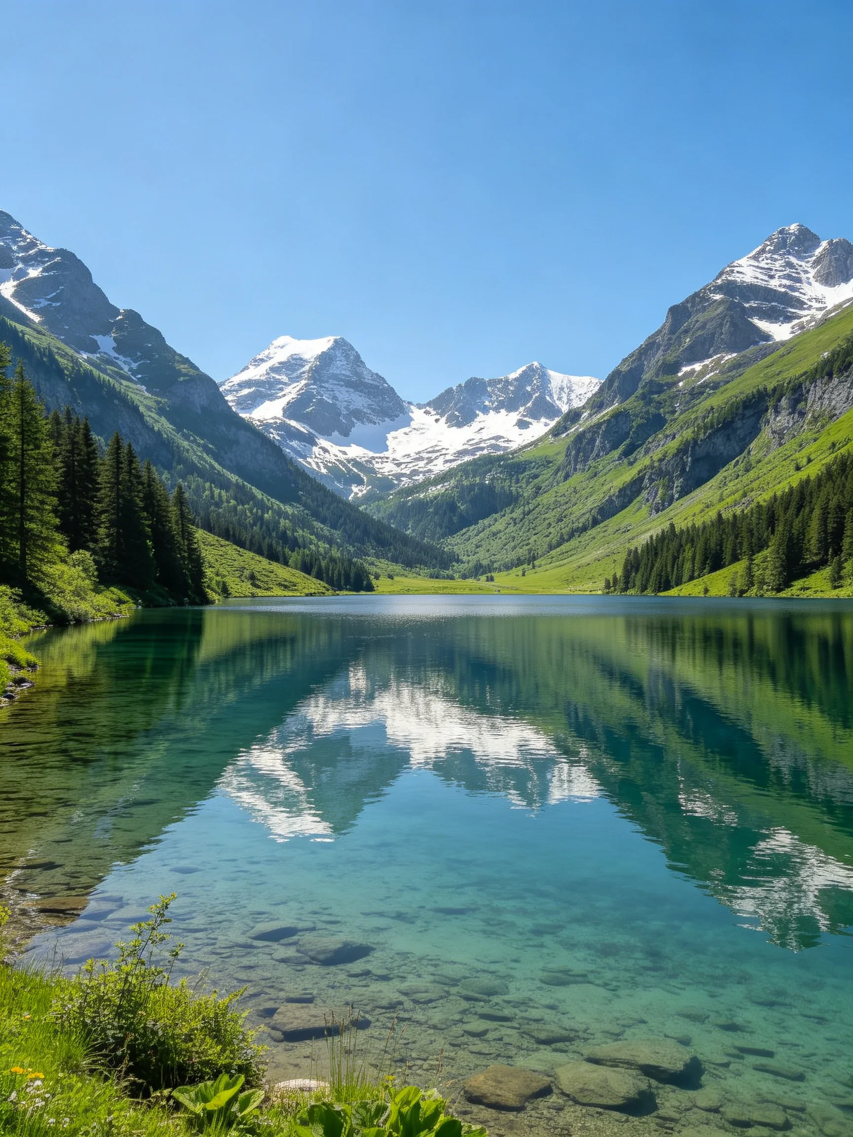 Snow-capped peaks reflect in a clear turquoise mountain lake