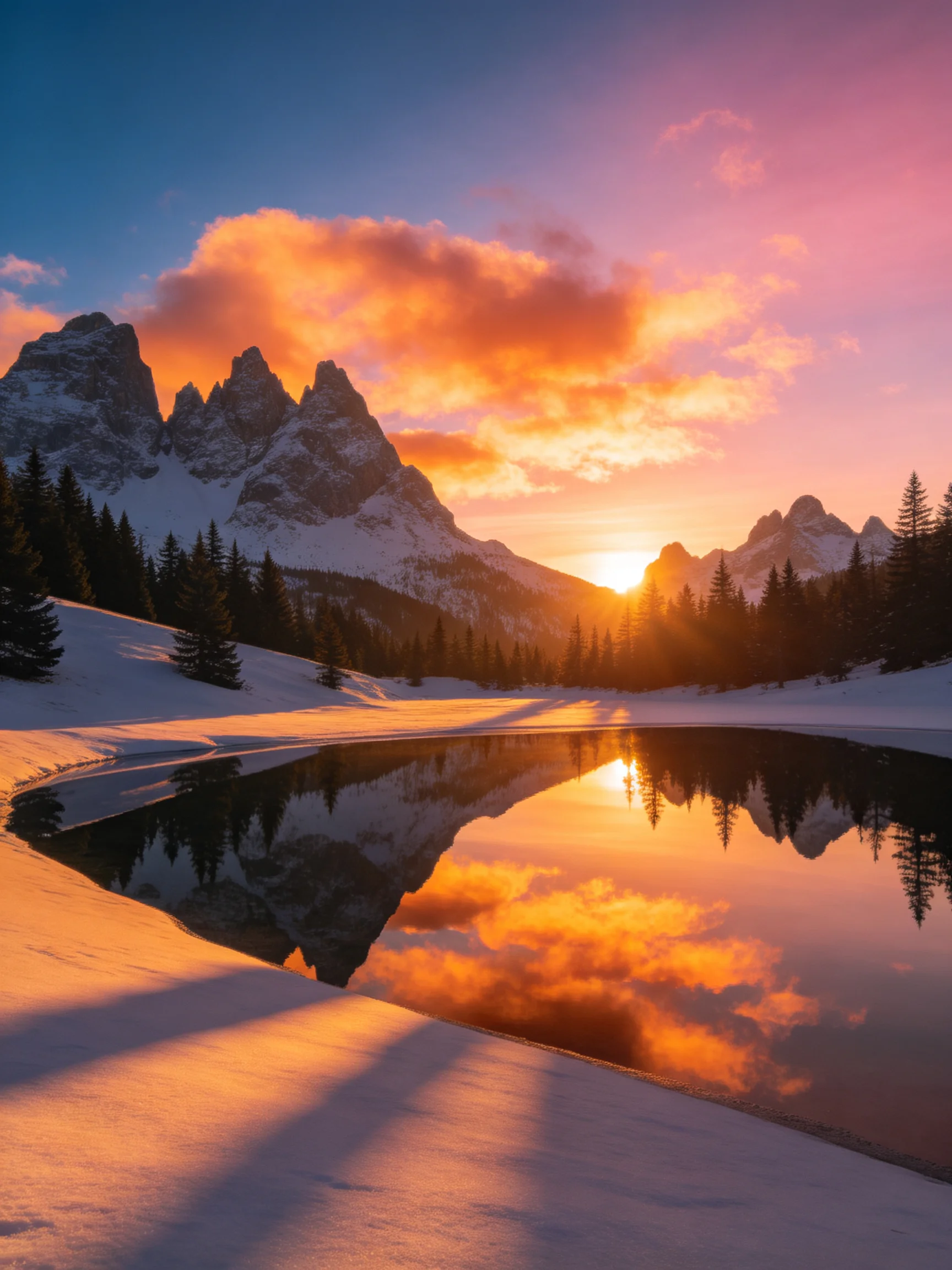 Snow-capped peaks reflect in a frozen lake during vibrant sunset