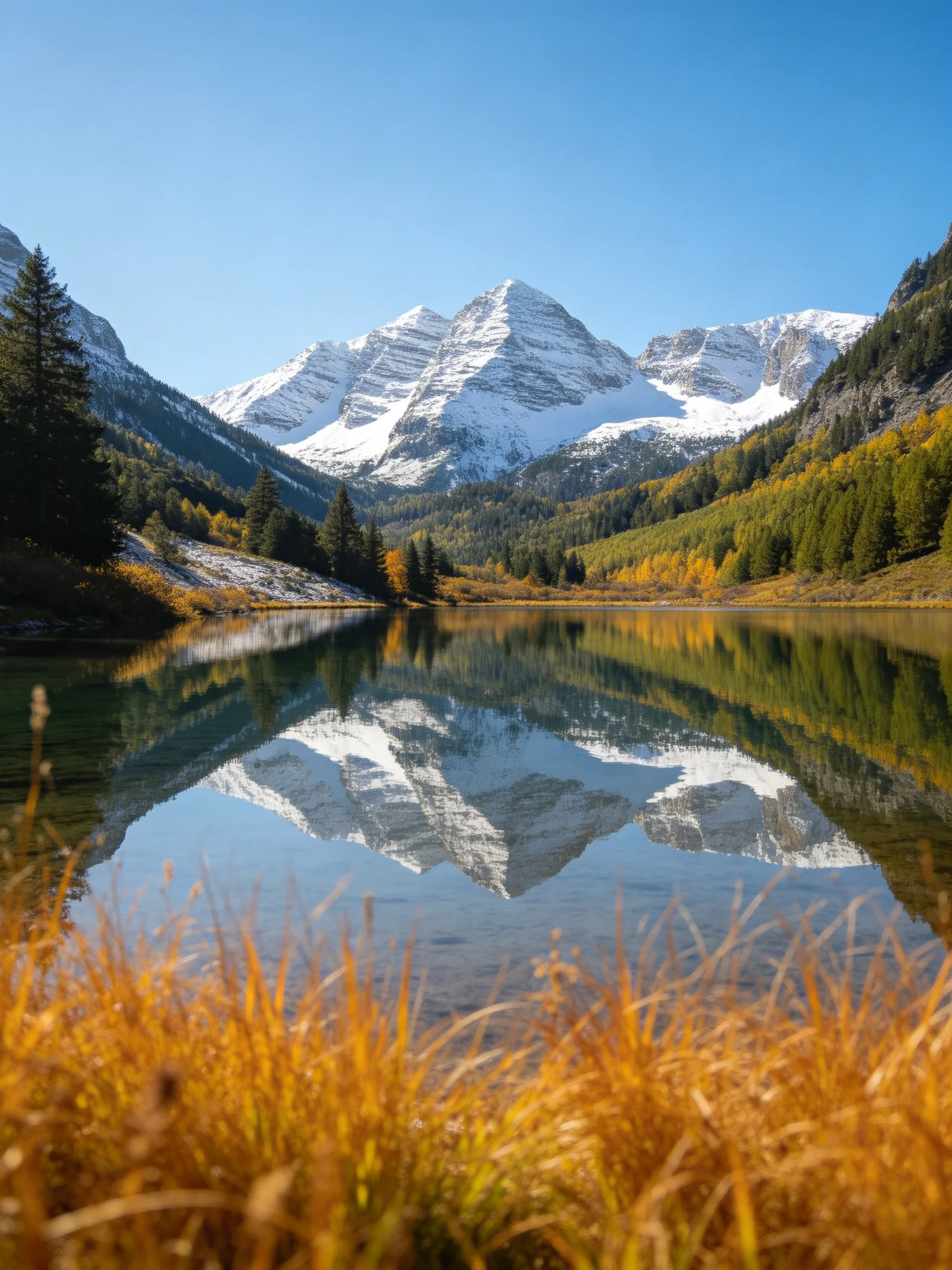 Snow-capped peaks reflect in a serene mountain lake with autumn foliage