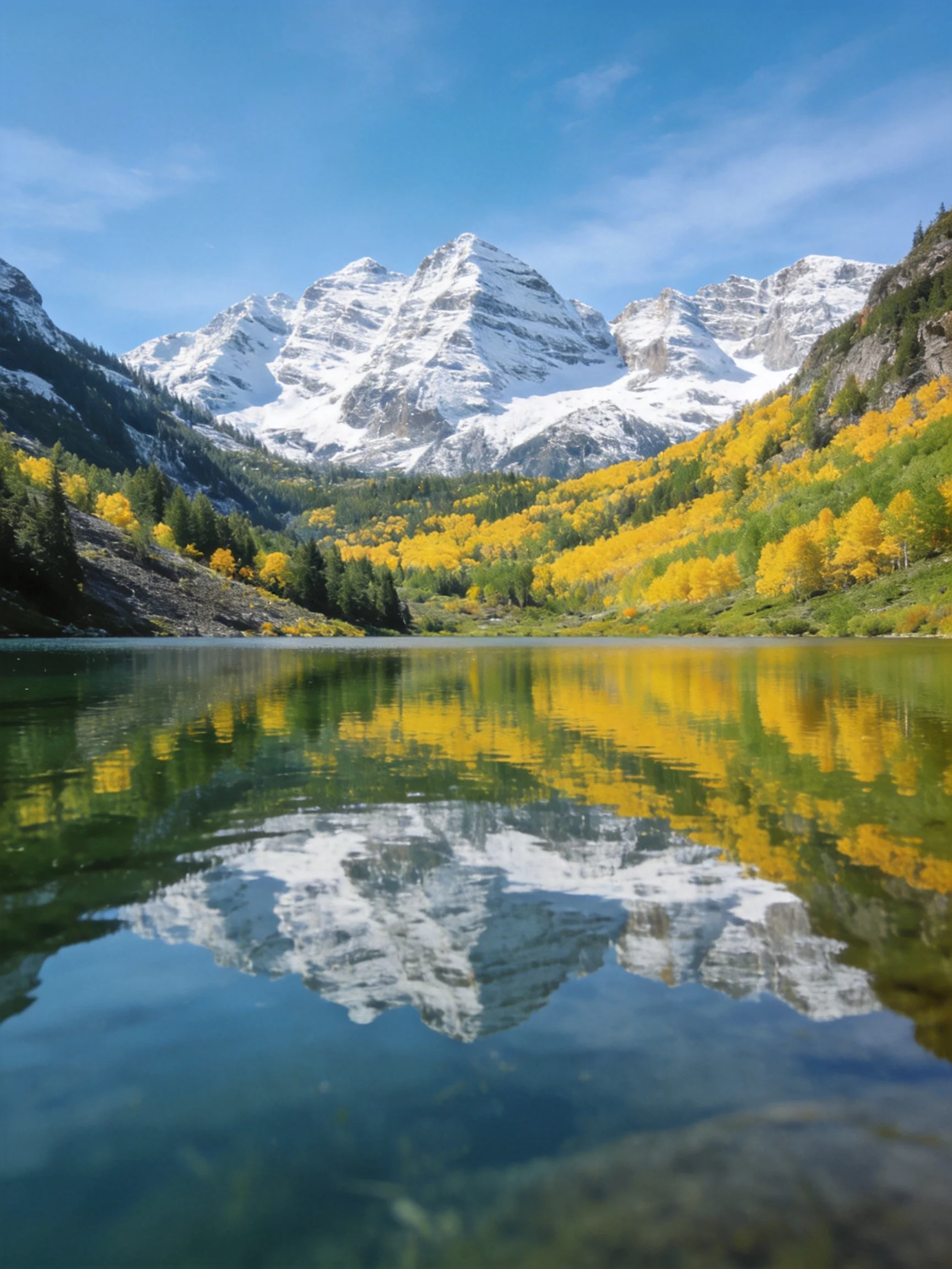 Snow-capped peaks reflect in a serene mountain lake with golden foliage