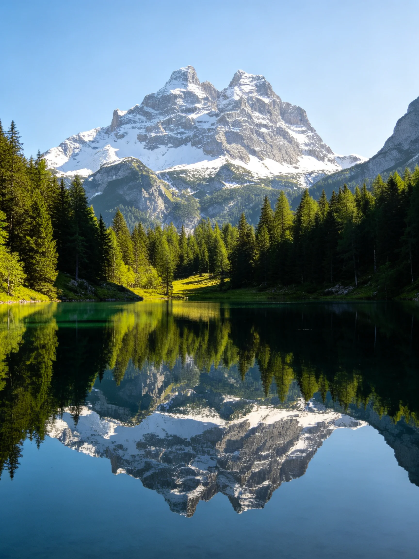 Snow-capped peaks reflected in a clear alpine lake with lush forests