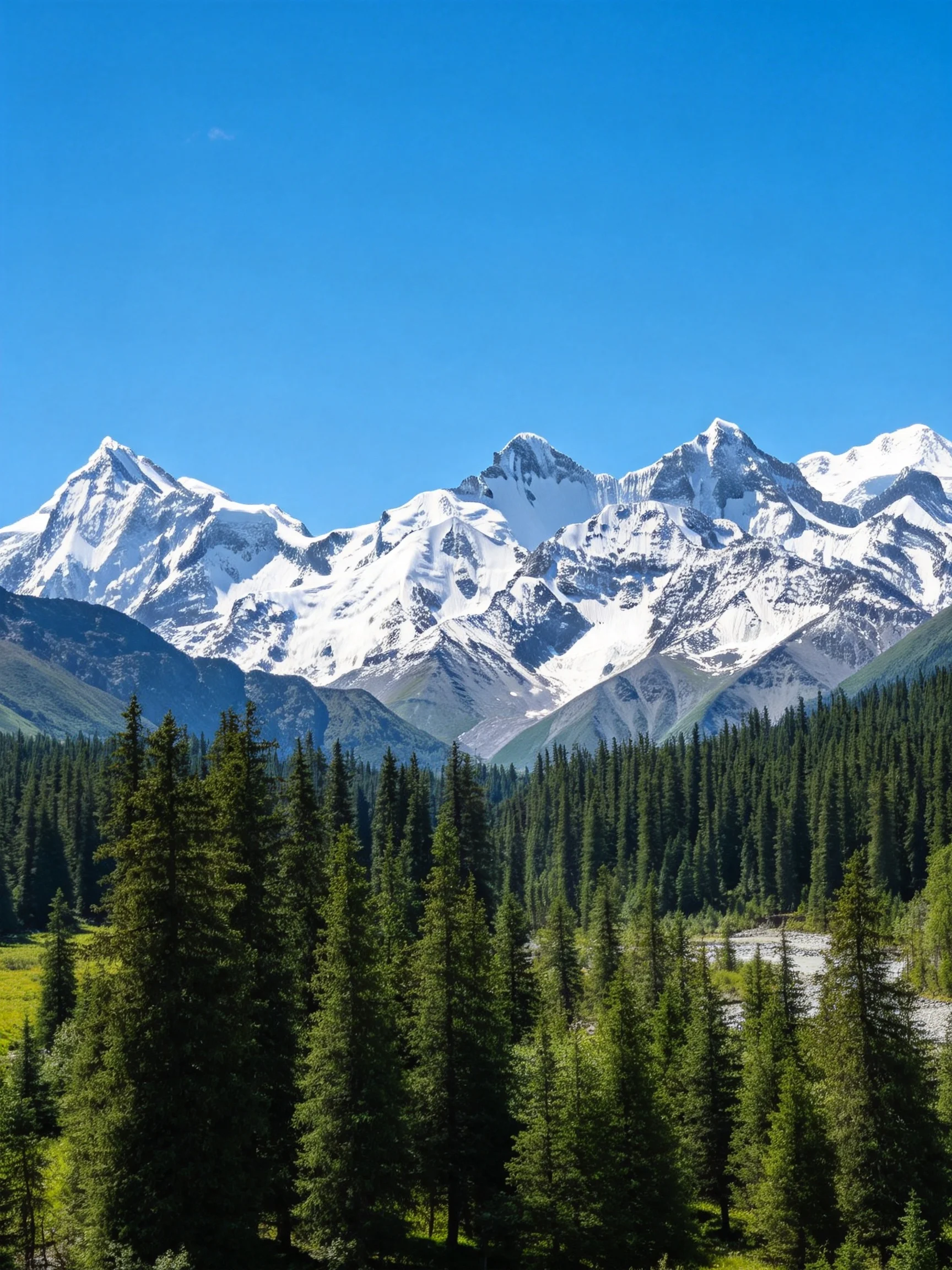 Snow-capped peaks rise above lush evergreen forests under a clear blue sky