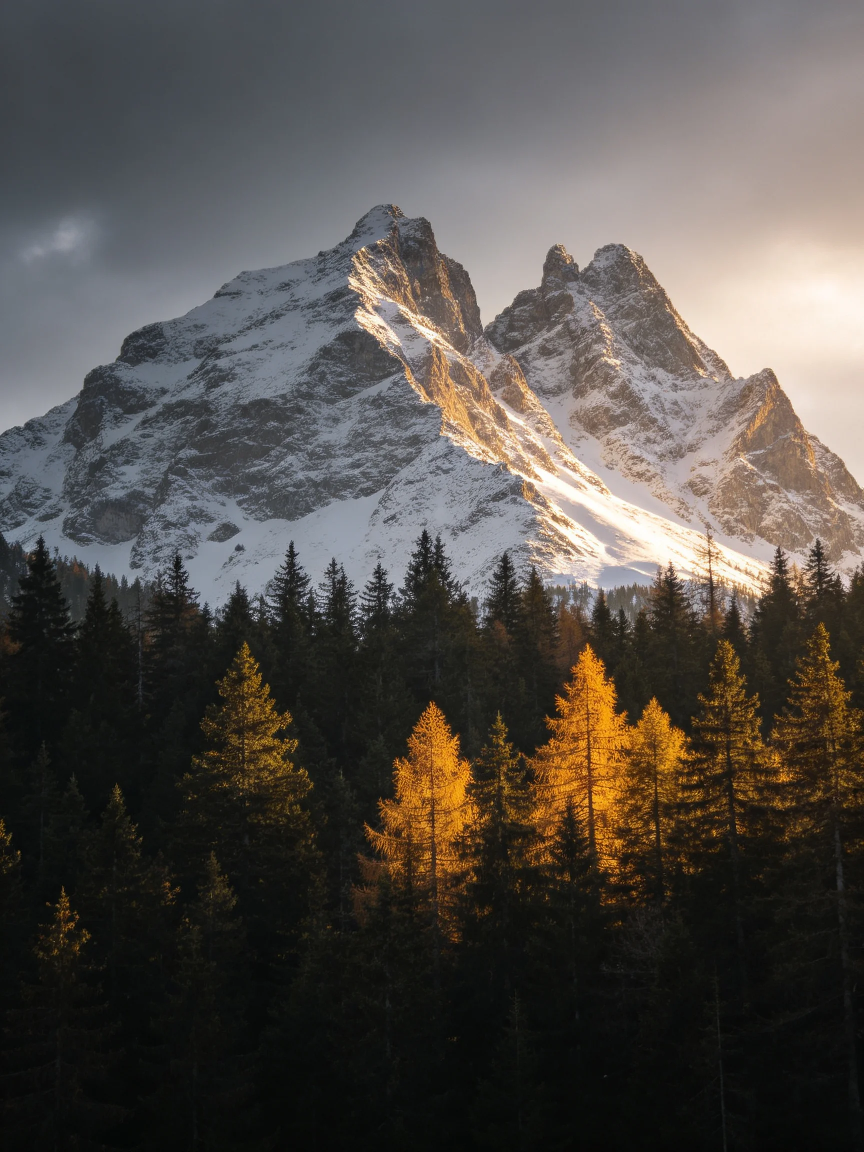 Snow-capped peaks tower over golden larches and dark pine forest