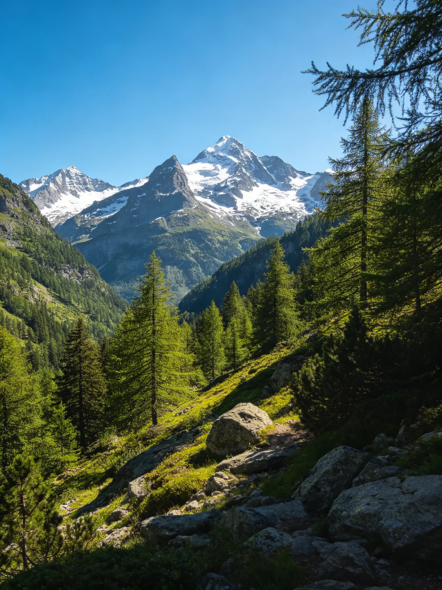 Snow-capped peaks tower over lush green forests under a bright blue sky