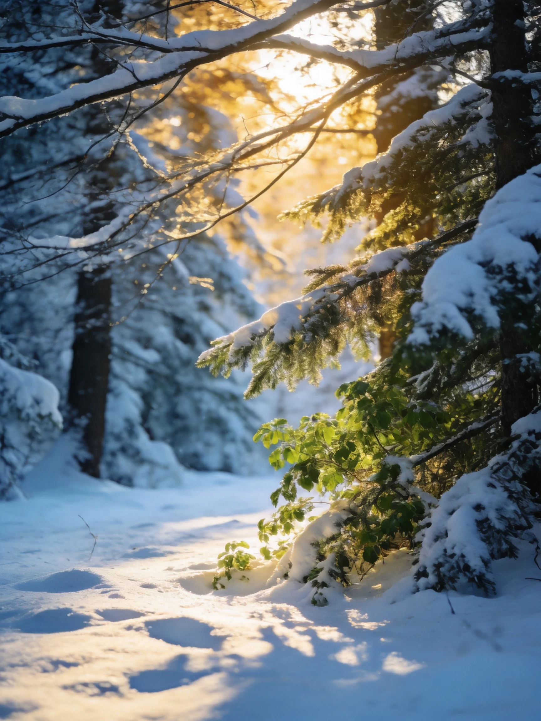 Snow-cloaked evergreen forest illuminated by golden sunlight