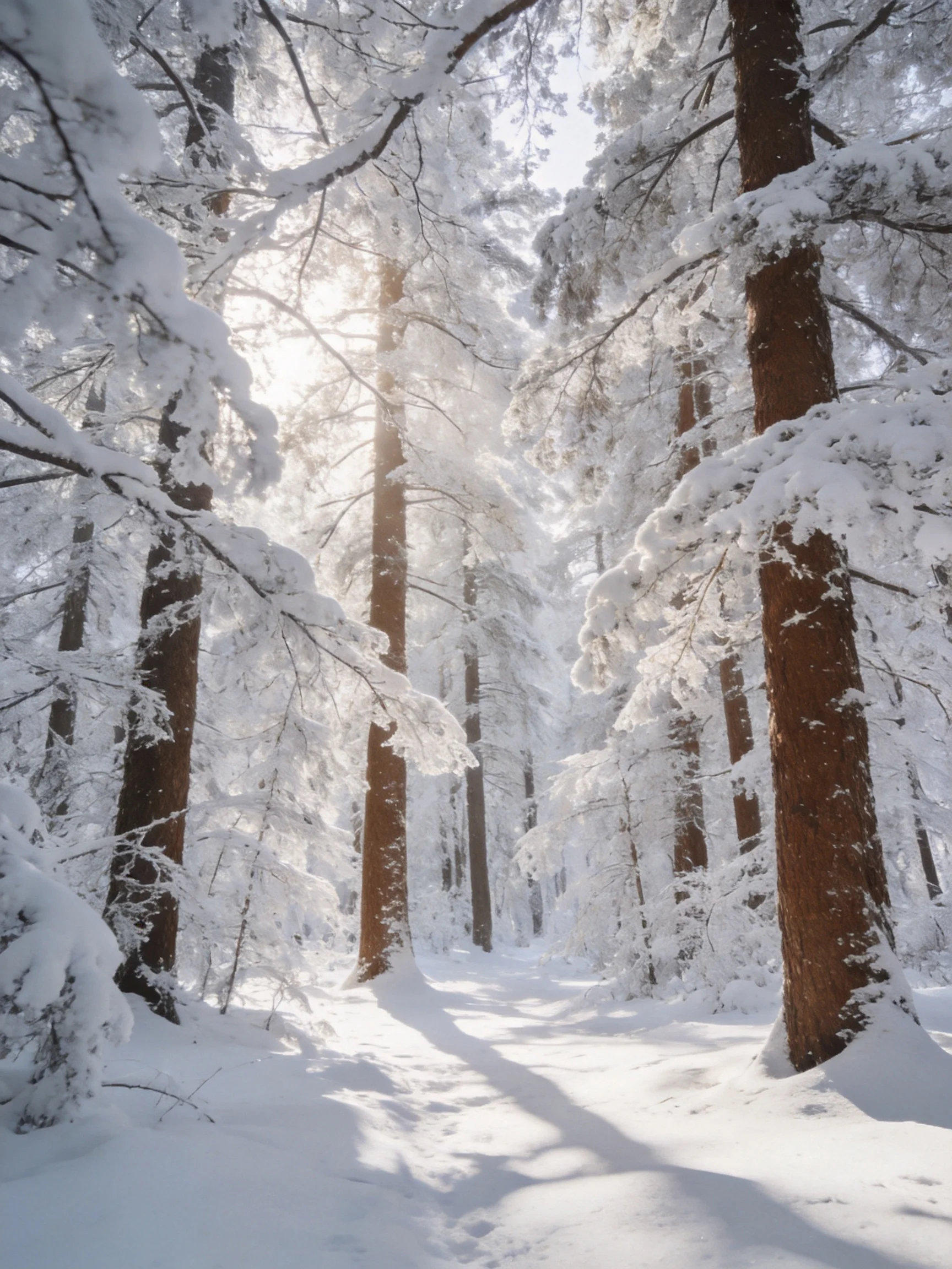 Snow-cloaked tall evergreen trees fill a sun-dappled winter forest path