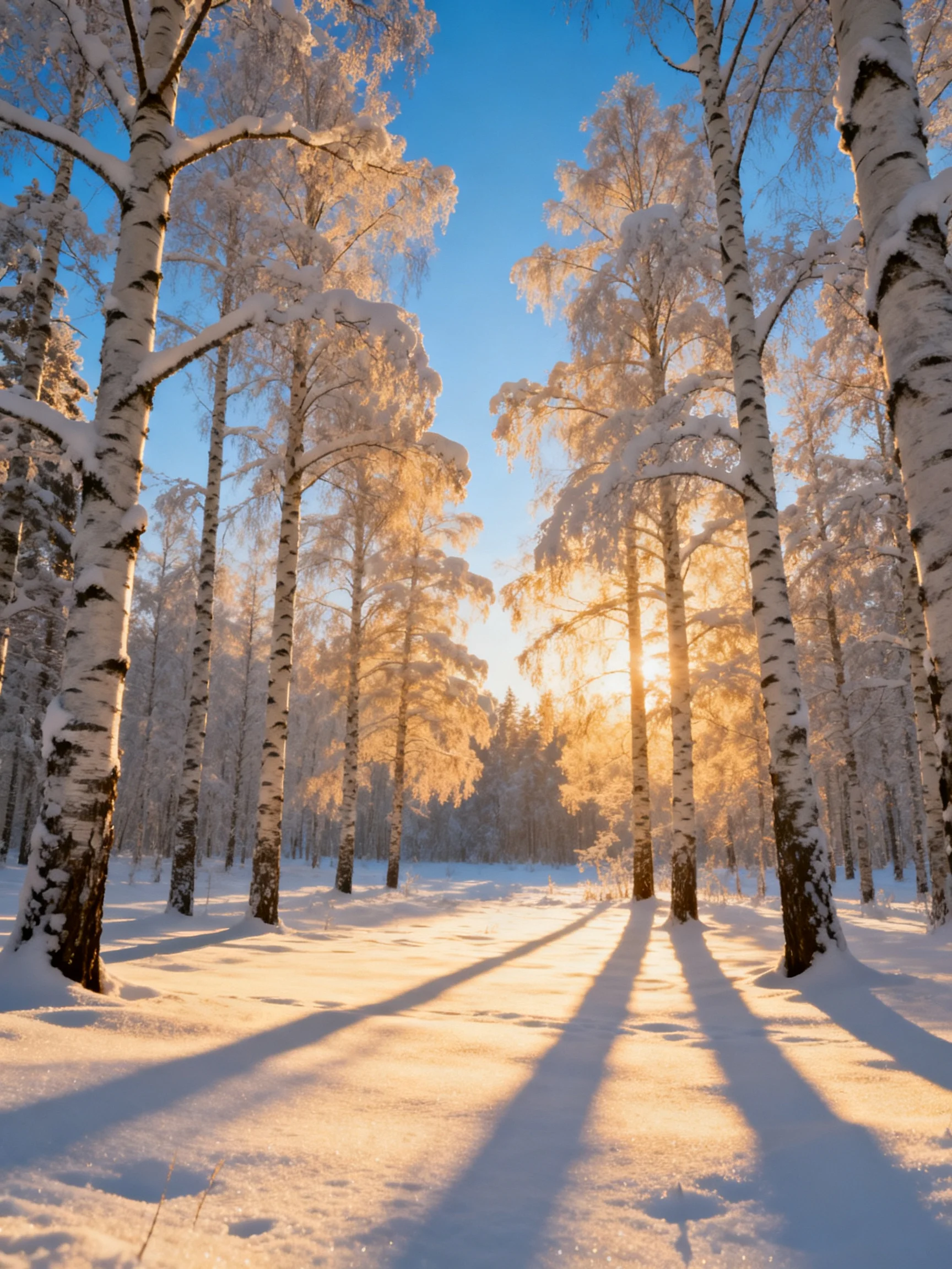 Snow-covered birch trees in a sunlit winter forest