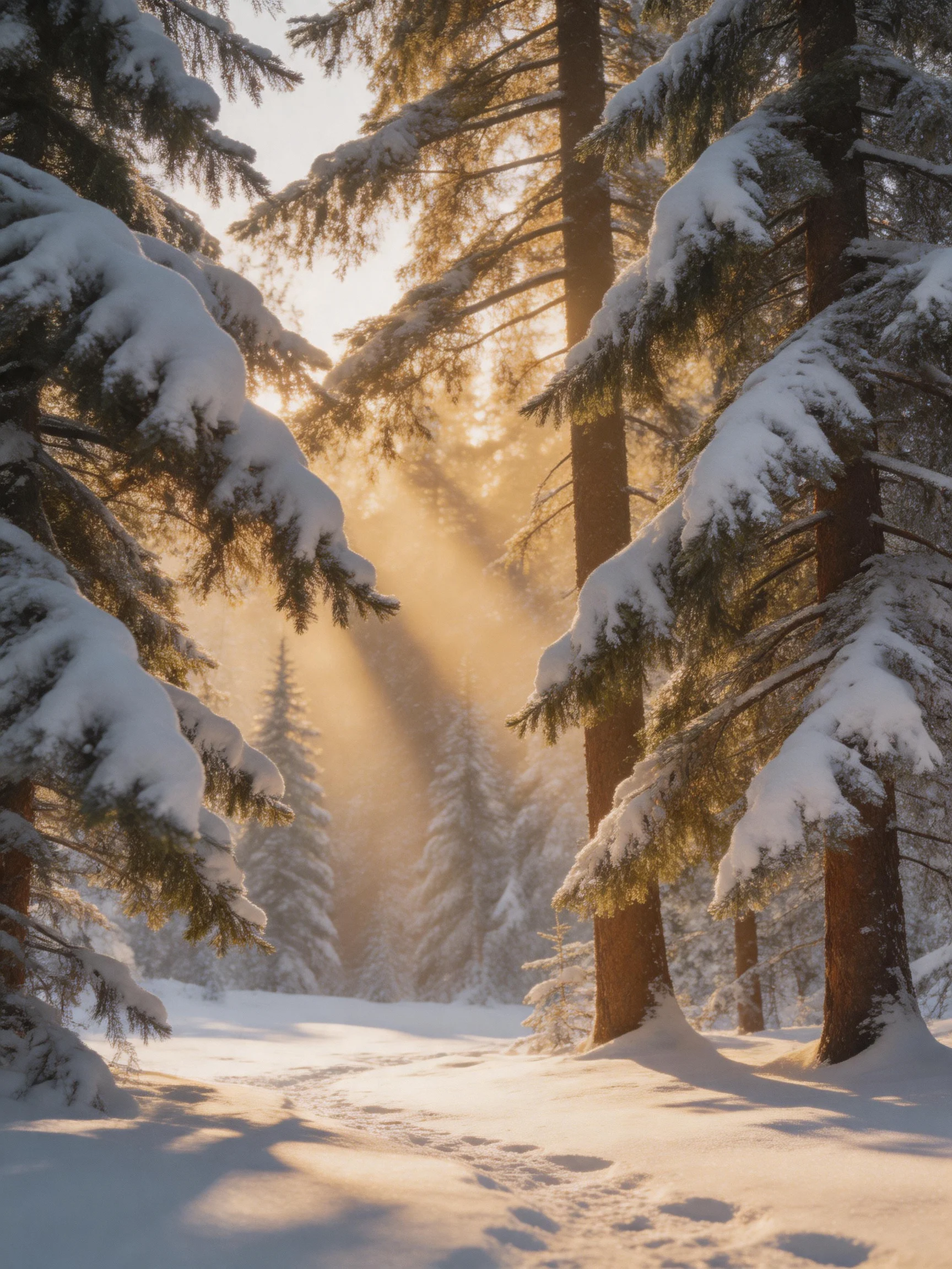 Snow-covered evergreen forest illuminated by golden sunlight beams