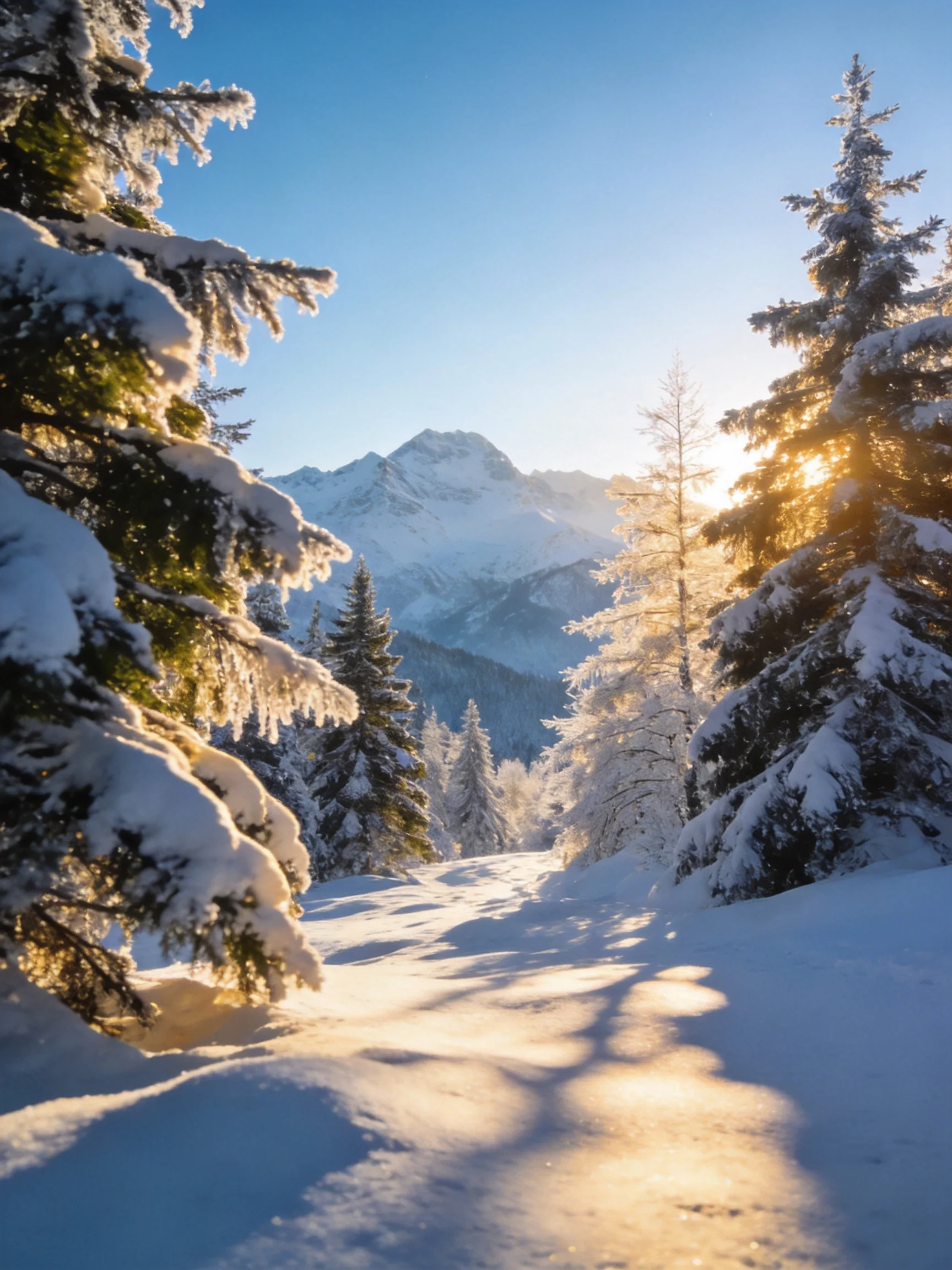 Snow-covered evergreen forest with distant mountain peaks under golden sunlight