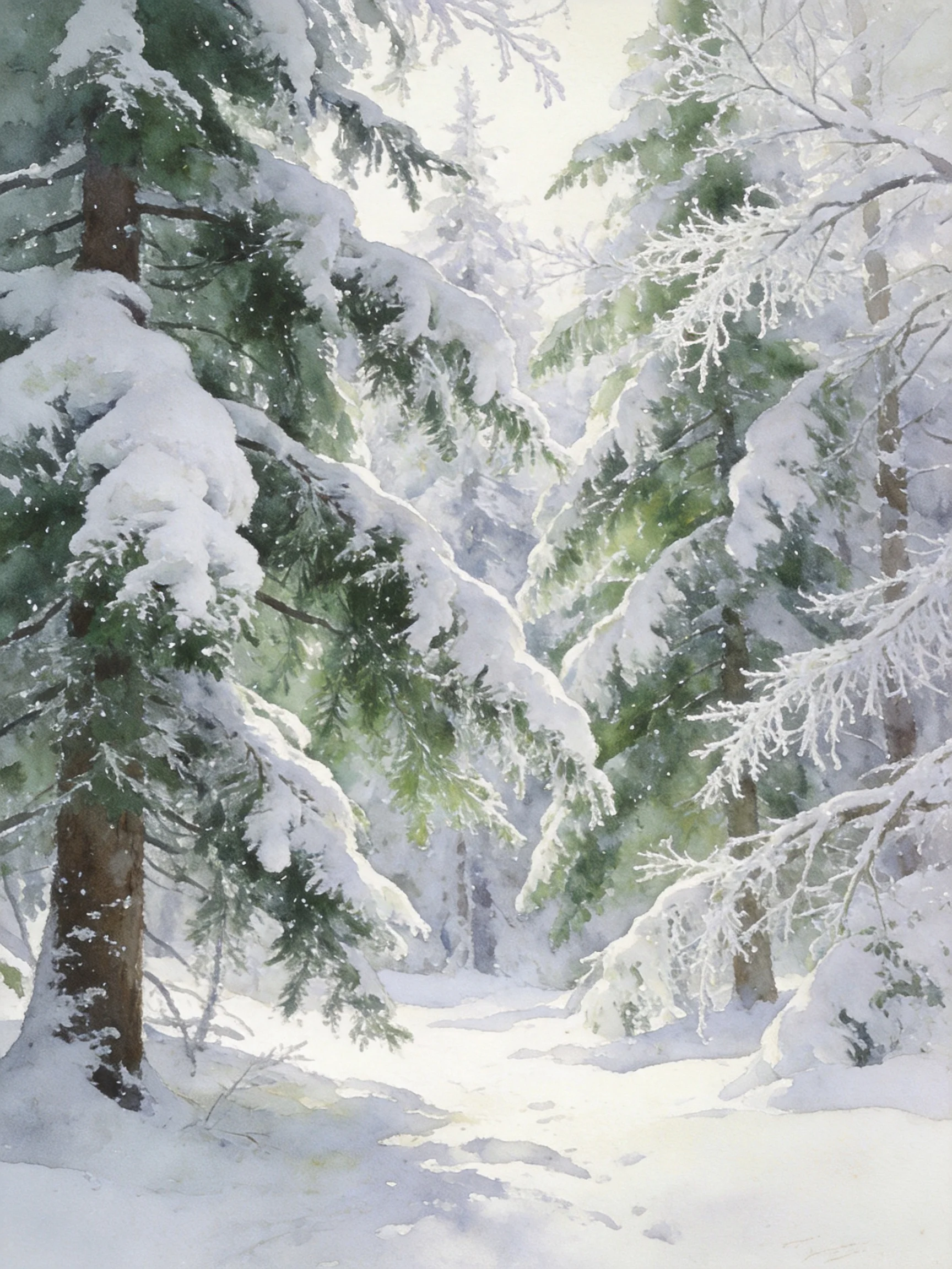 Snow-covered evergreen forest with serene winter atmosphere