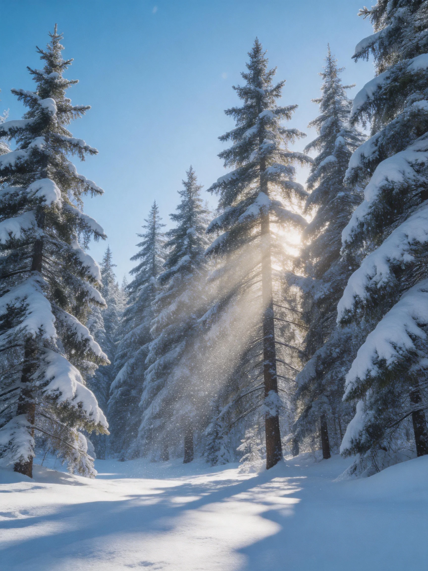 Snow-covered evergreen forest with sunlight streaming through