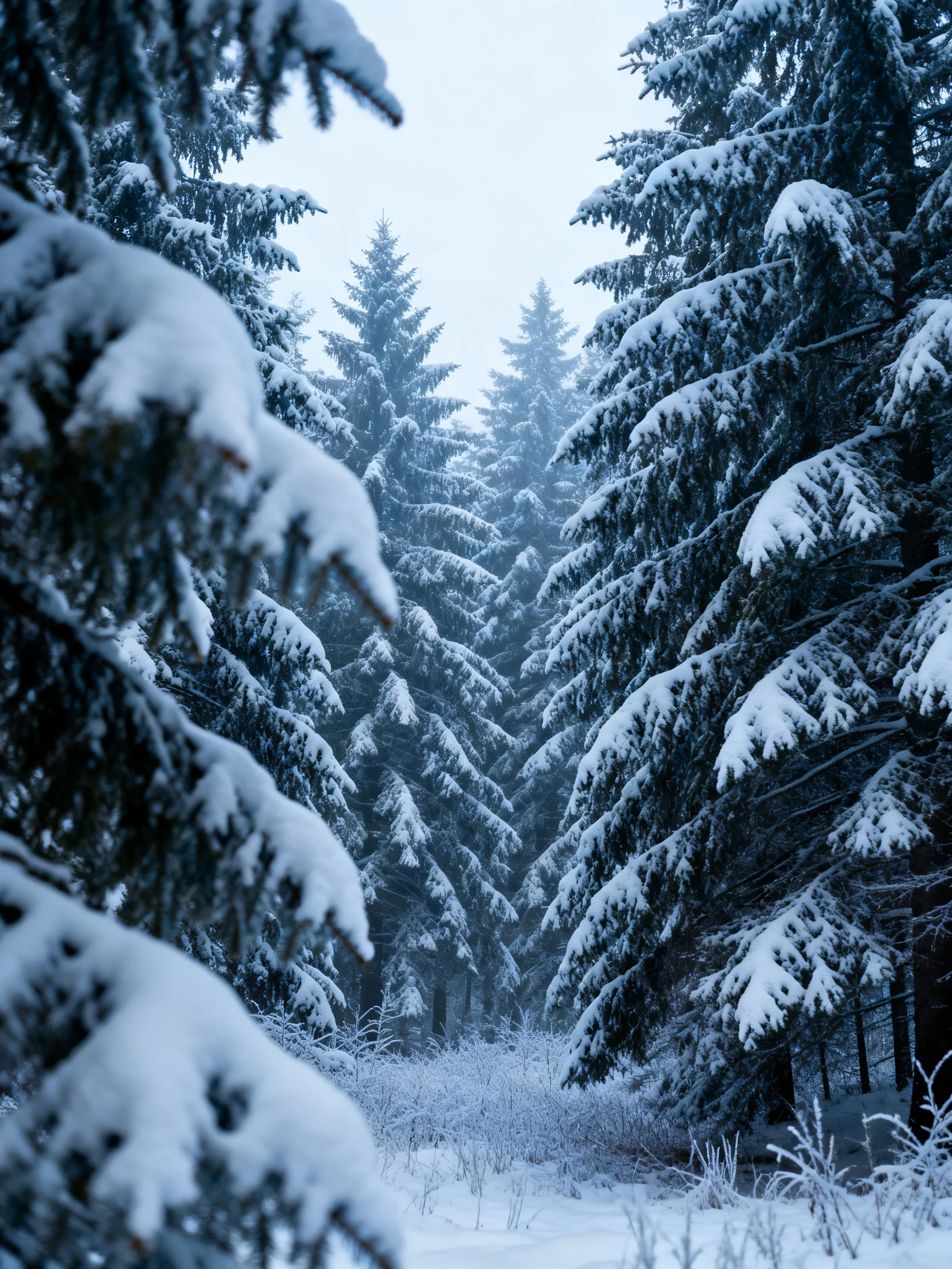 Snow-covered evergreen forest with tall pine trees