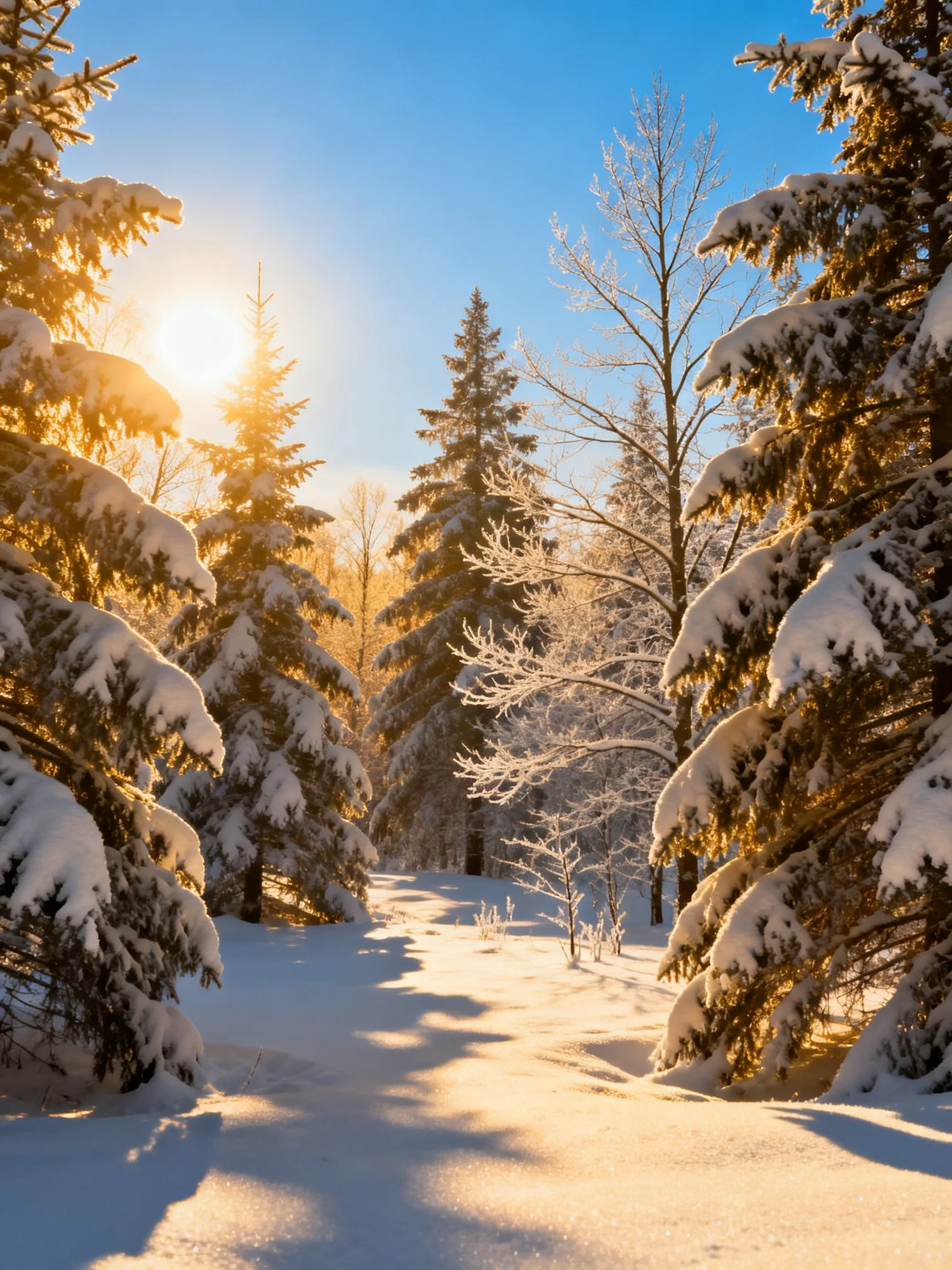 Snow-covered evergreen trees bathed in golden sunlight