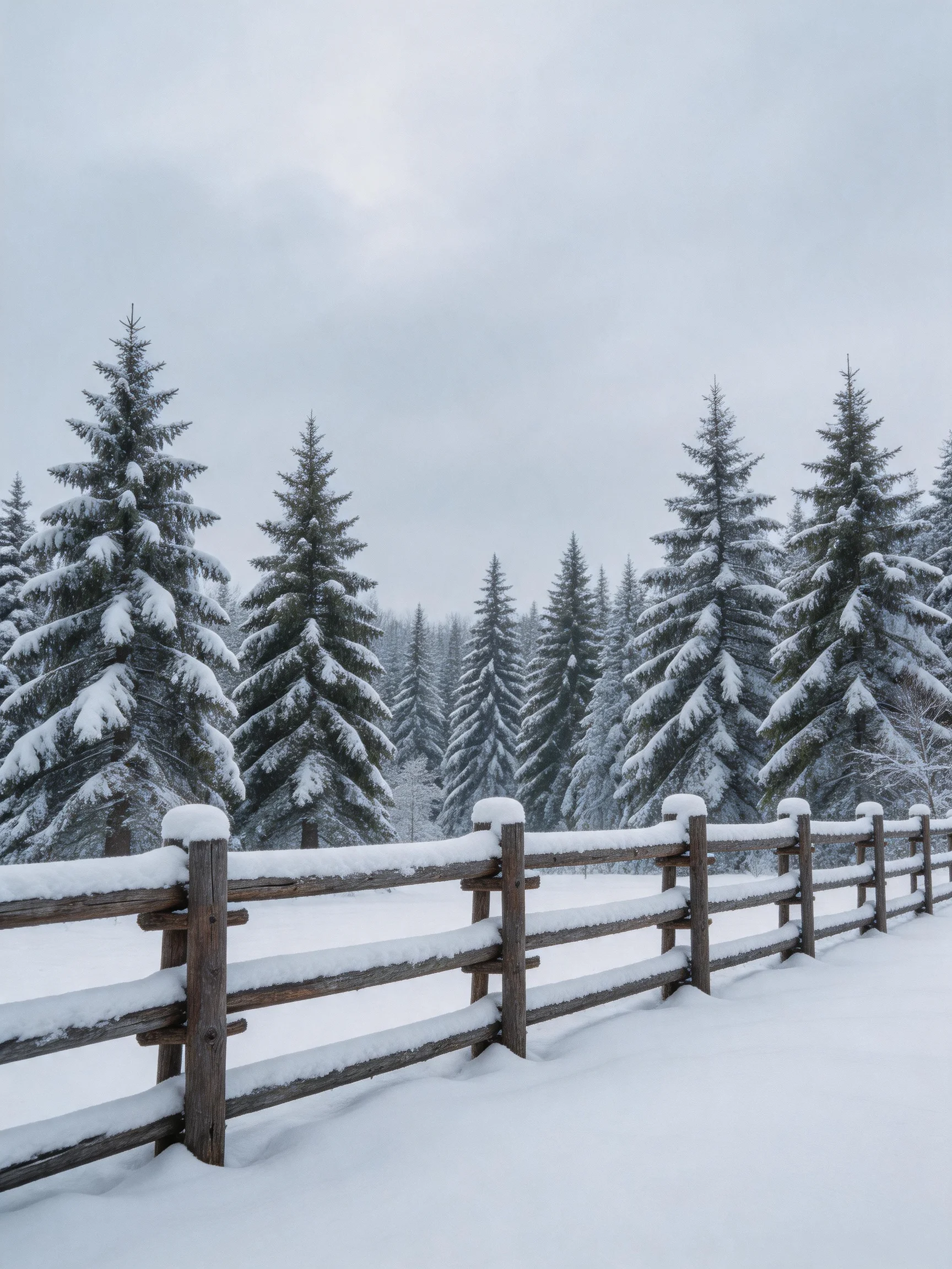 Snow-covered evergreen trees behind a wooden fence in a wintry landscape