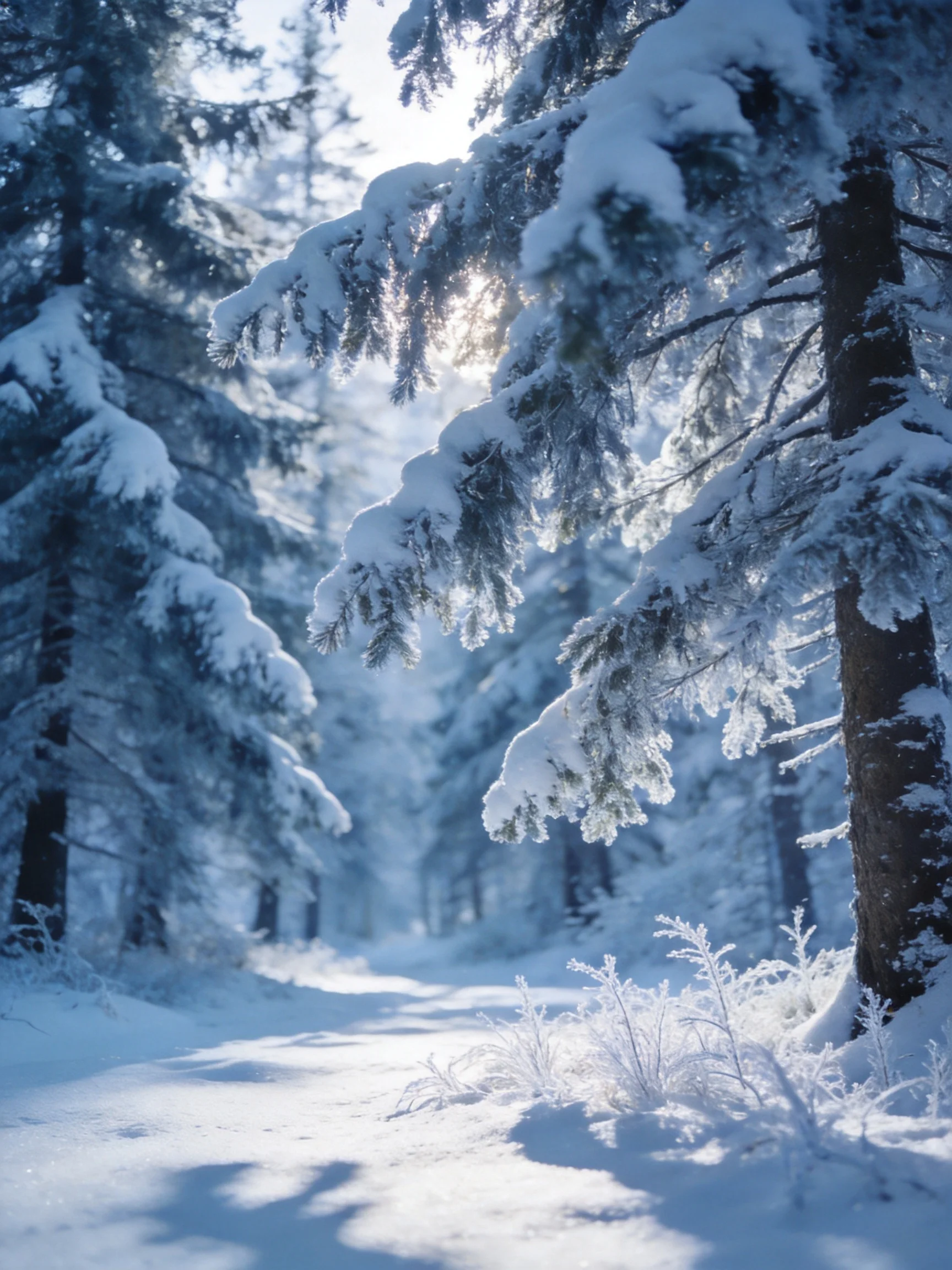 Snow-covered evergreen trees fill a sunlit winter forest path